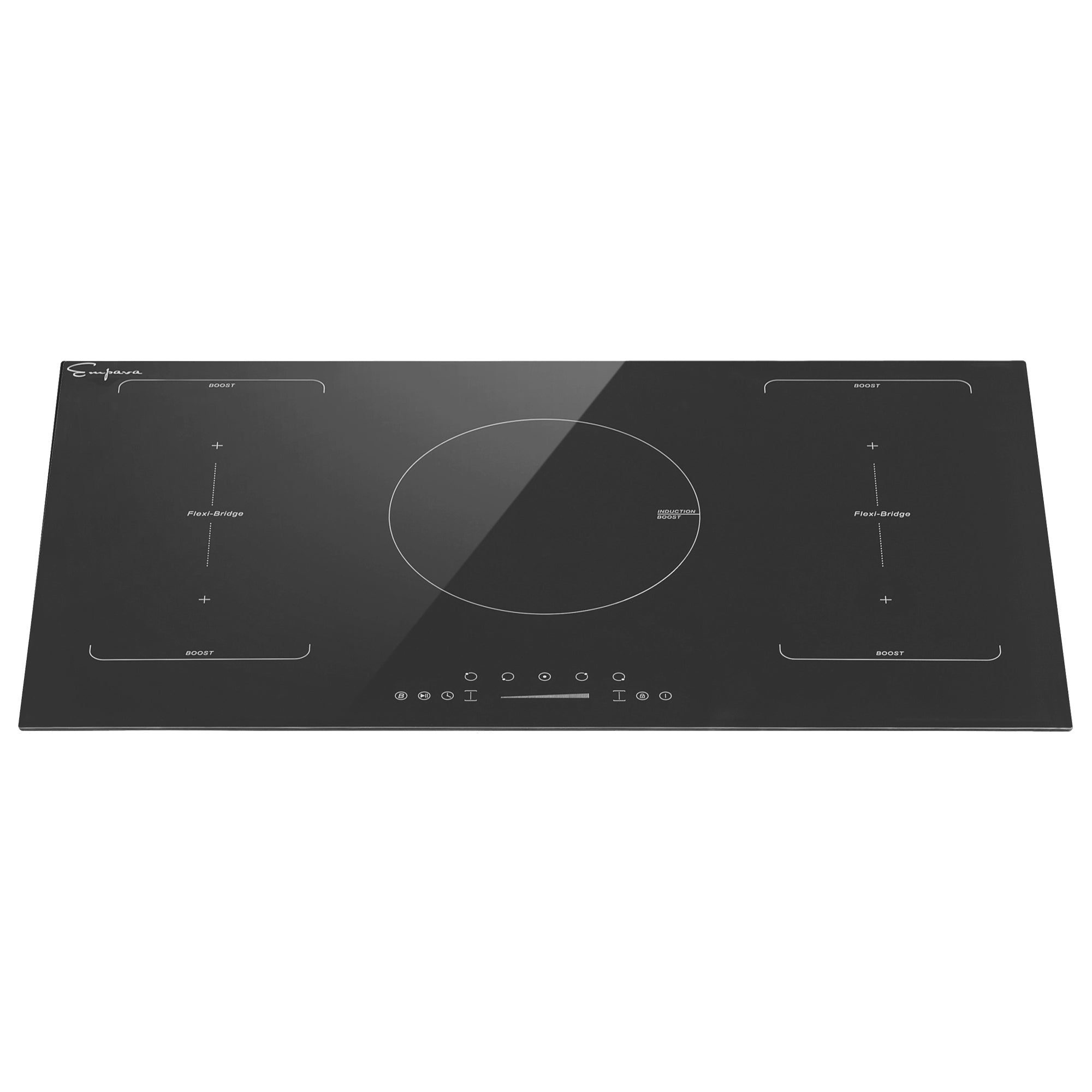 The Empava 36 Inch Black Electric Stove Induction Cooktop features a sleek black glass finish and a touch control panel. It boasts four powerful 3600W cooking zones, each designated with a cross and marked "Booster" alongside the label "Piano Cottura." Additionally, it includes a central circular cook zone positioned above the touch controls, complemented by strategically placed venting holes.