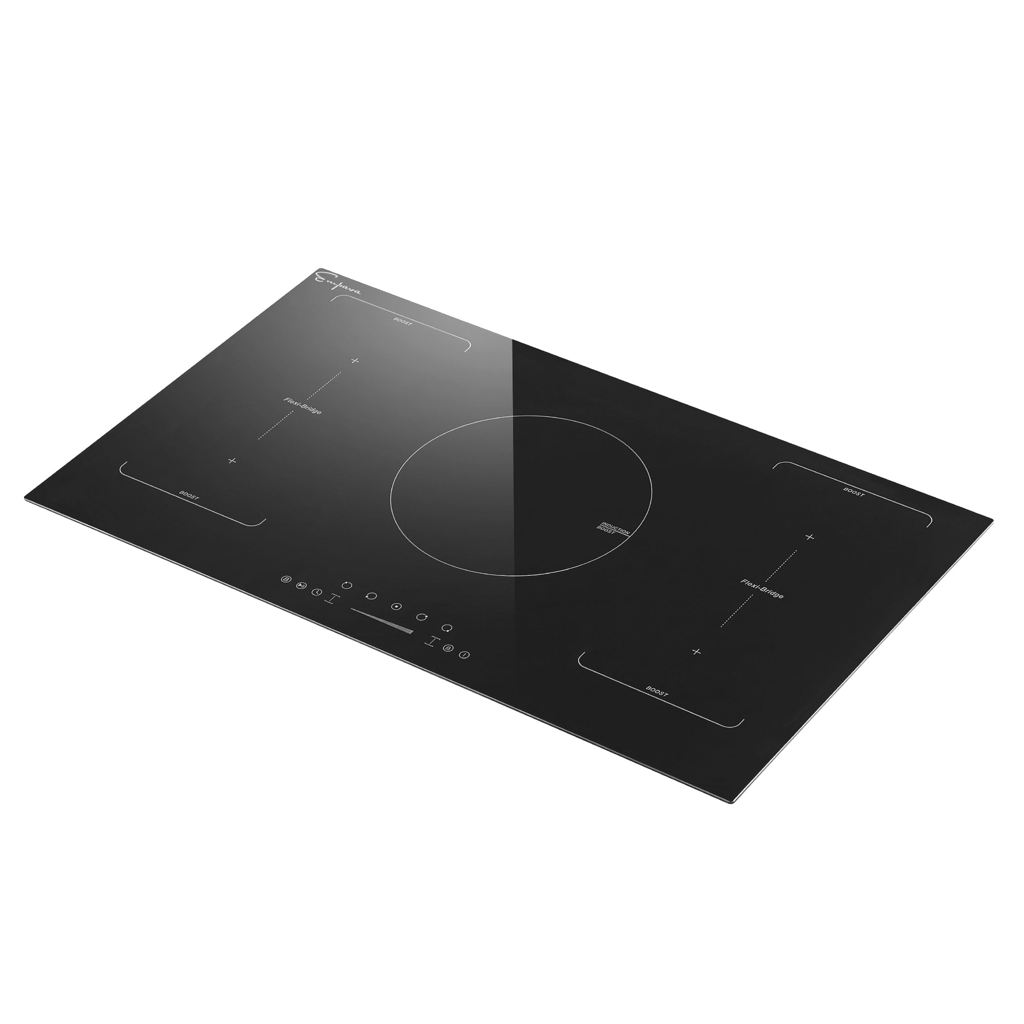 The Empava 36 Inch Black Electric Stove Induction Cooktop boasts a sleek design with five cooking zones and a powerful 3600W burner. Each zone is outlined with white markings, while the centrally located touch-sensitive controls at the front feature icons for various settings and heat levels.