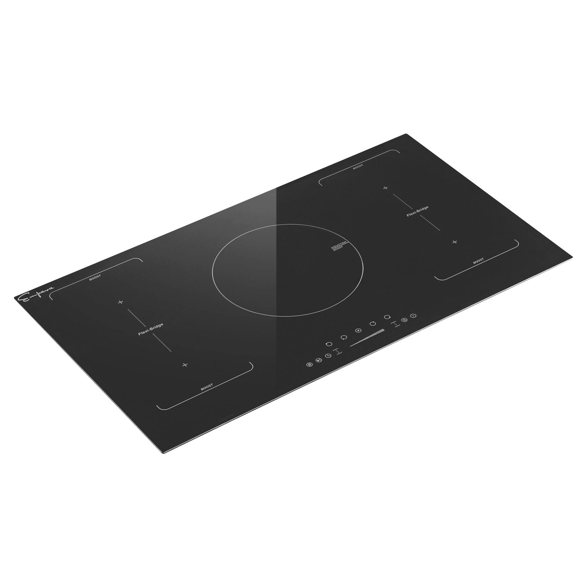 The Empava 36 Inch Black Electric Stove Induction Cooktop boasts a sleek, black glass surface with five cooking zones and 3600W power. It features touch controls along the bottom center, circular outlines indicating burner positions, and minimalist white labeling. The cooktop has a reflective finish and a modern, streamlined design.