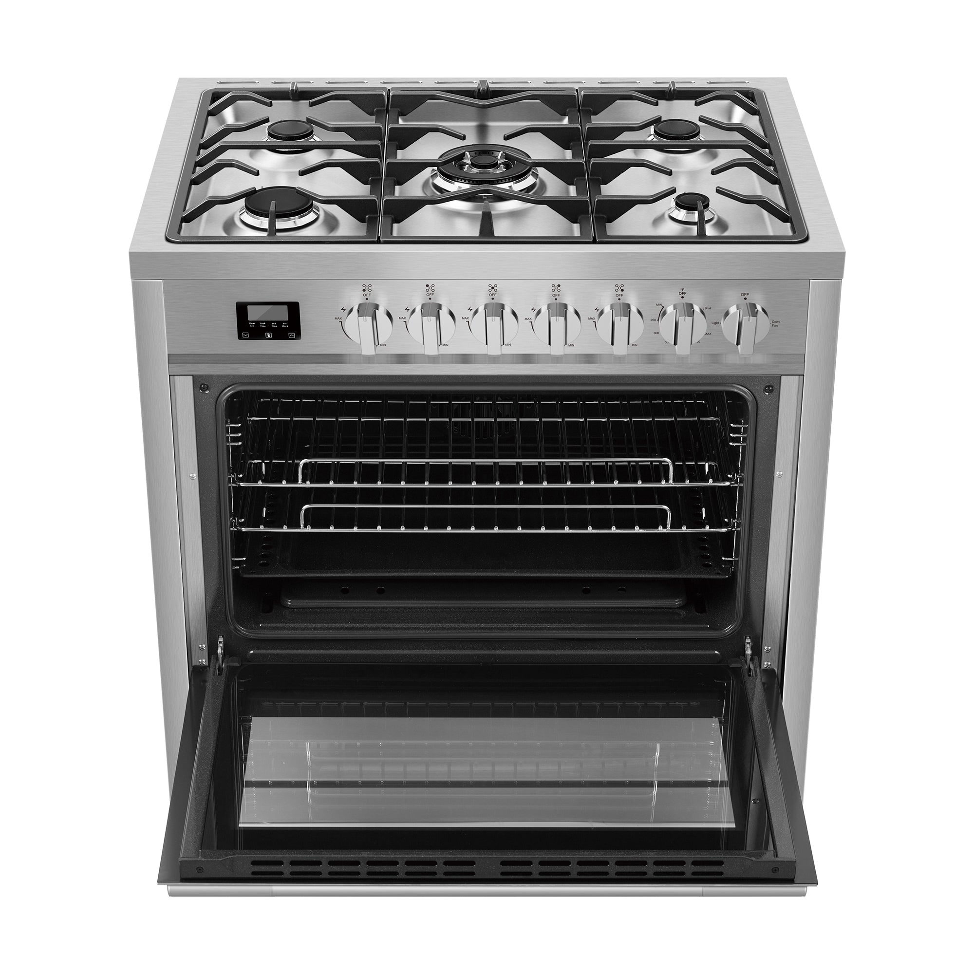 The Empava 36 Inch Freestanding Range Gas Cooktop And Oven features a stainless steel design, a silicon nitride ignition system, six burner knobs with specific knob scales, and a digital display. Opening the door reveals two wire racks inside the oven compartment, while the stovetop includes five gas burners.