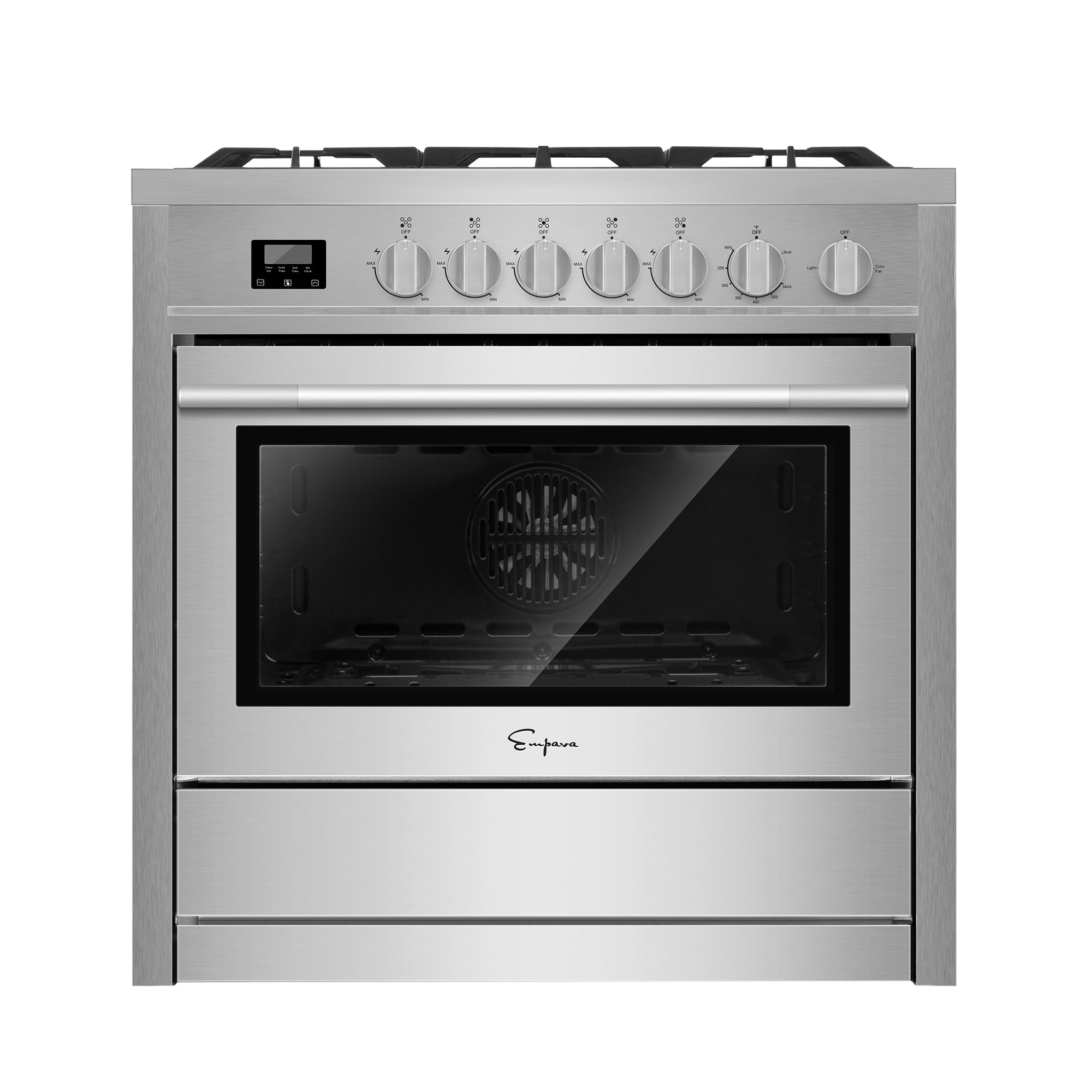 The Empava 36 Inch Freestanding Range Gas Cooktop And Oven is a stainless steel gas range with fewer burners and a large oven below. The control knobs, featuring specific knob scales, are located at the top above the oven door. The oven door has a transparent glass window, and an LED display is visible on the left side of the control panel.