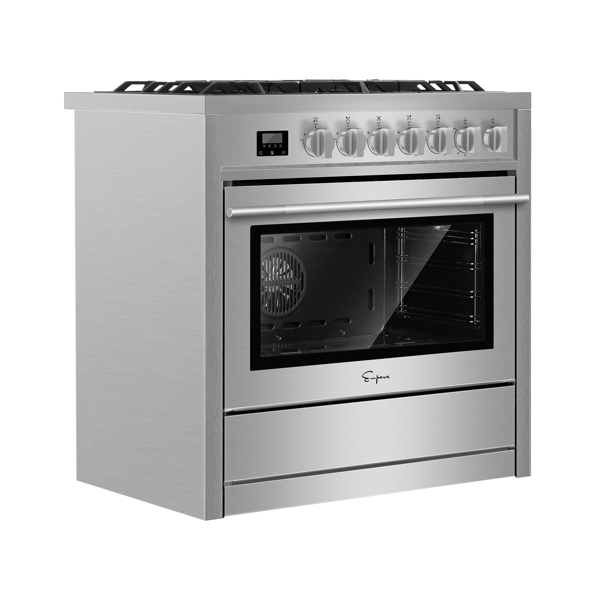 The Empava 36 Inch Freestanding Range Gas Cooktop And Oven boasts a stainless steel finish with six knobs featuring specific scales, a digital display, and a large front oven window. The oven door is equipped with a horizontal handle, and there's a convenient drawer beneath the oven. The cooktop includes gas burners topped with sturdy grates.