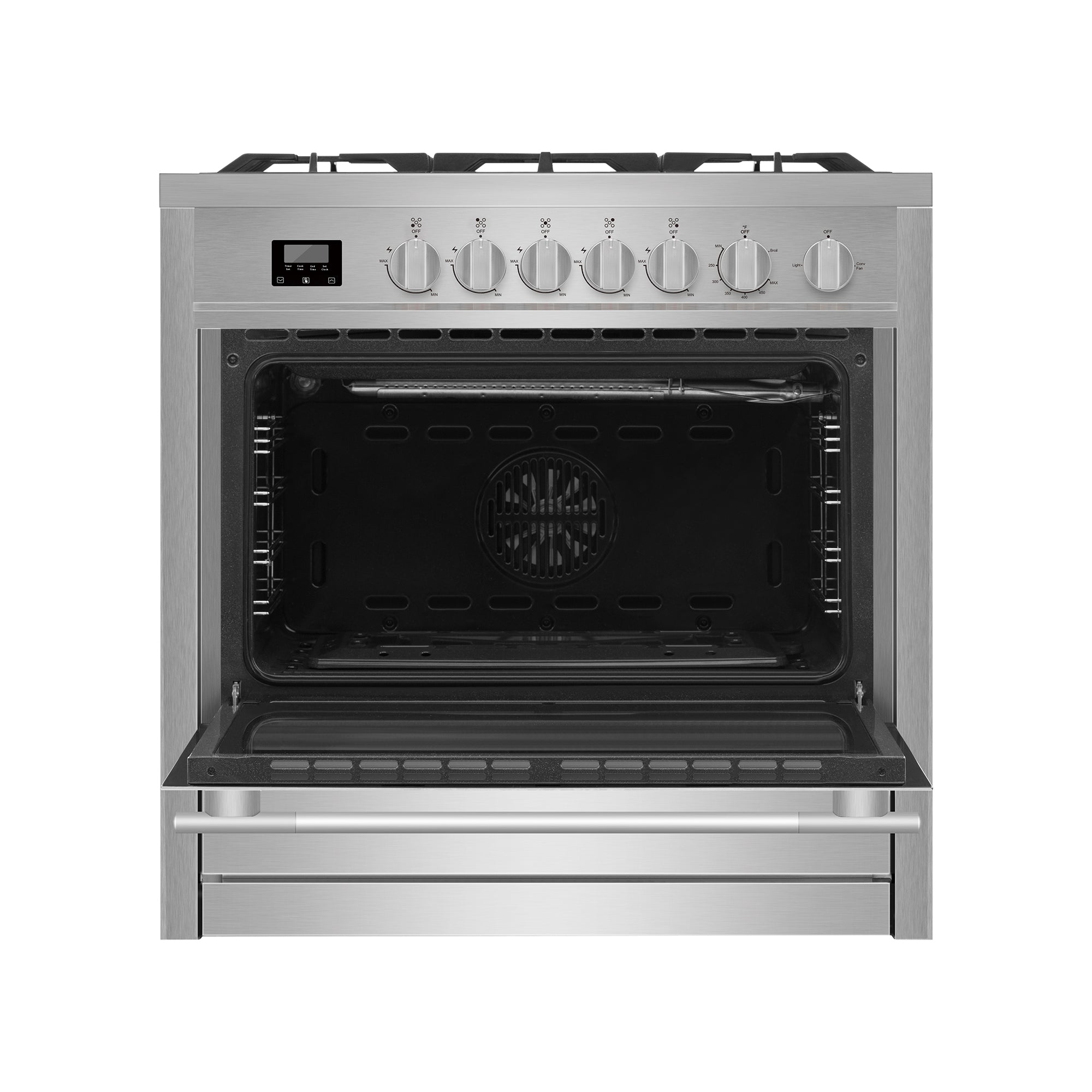 The Empava 36 Inch Freestanding Range Gas Cooktop and Oven boasts a stainless steel finish, with six control knobs that include specific knob scales and a digital display on the top panel. The open oven door reveals a fan and interior racks. This appliance features a sleek, modern design with a handle on the door and a storage drawer beneath the main oven compartment.