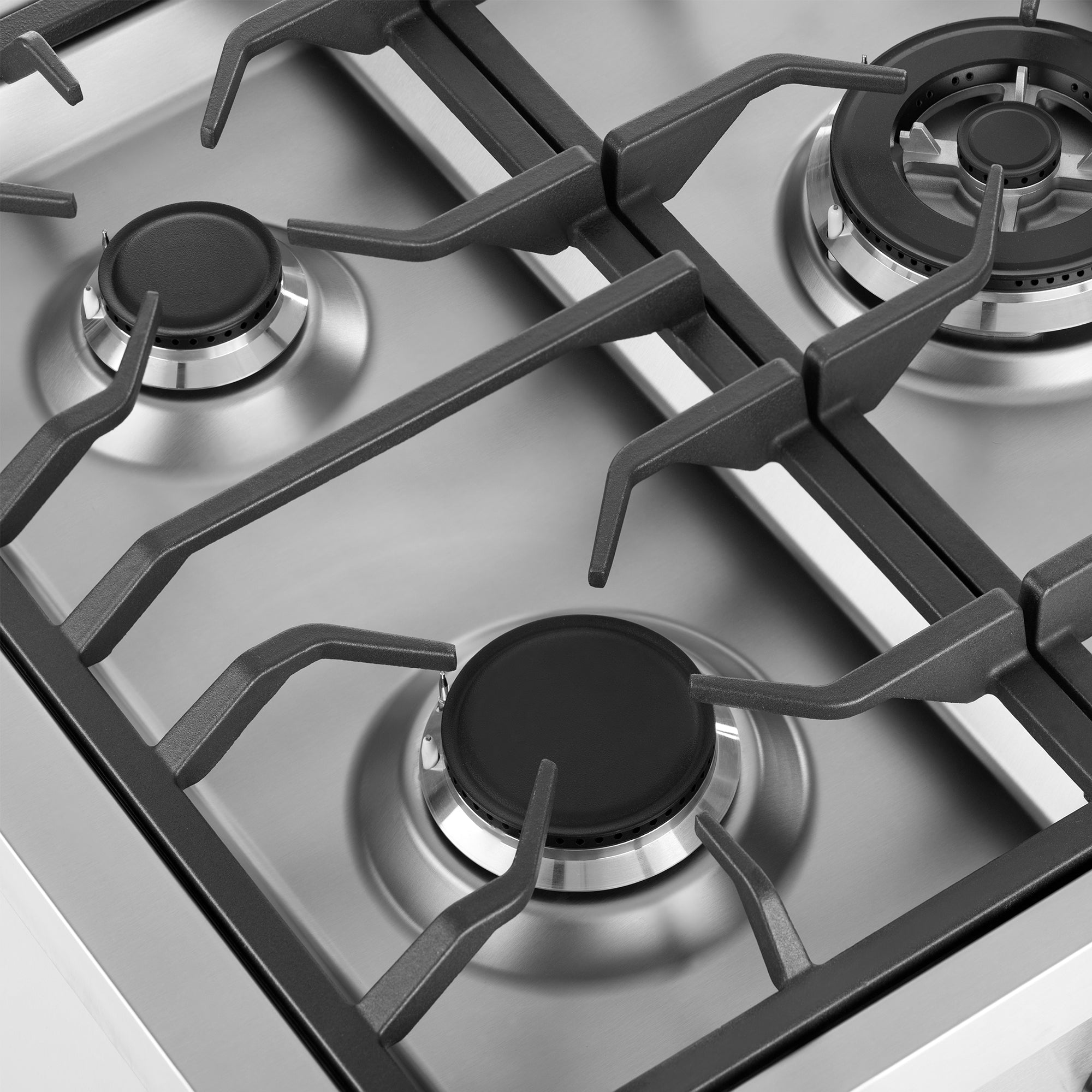 A close-up of the Empava 36 Inch Freestanding Range Gas Cooktop and Oven is shown, featuring three stainless steel gas burners. The prominent black grates and central black discs are complemented by specific knob scales for precise control. The clean, modern surface reflects light slightly, highlighting its sleek design.