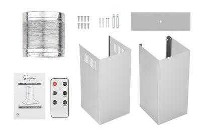 Image of components for the Empava 36 in. 380 CFM Ducted Wall Mount Range Hood, including a flexible duct, screws and wall anchors, a rectangular mounting bracket, two stainless steel chimney covers, an instruction manual, and a remotely controlled remote control with four buttons. The unit boasts an impressive 380CFM air volume.
