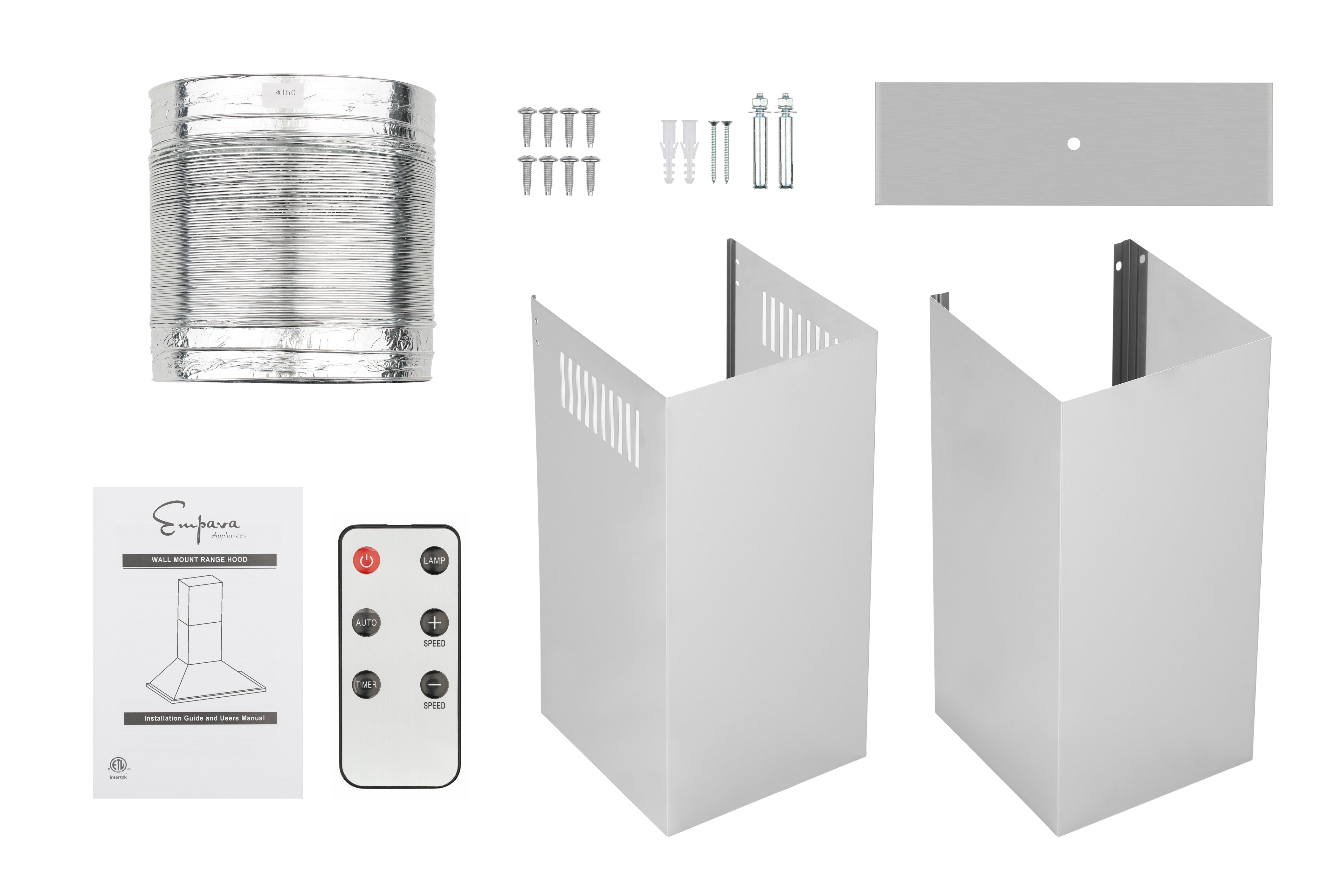 Image of components for the Empava 36 in. 380 CFM Ducted Wall Mount Range Hood, including a flexible duct, screws and wall anchors, a rectangular mounting bracket, two stainless steel chimney covers, an instruction manual, and a remotely controlled remote control with four buttons. The unit boasts an impressive 380CFM air volume.