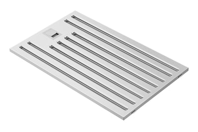 A rectangular metallic surface with parallel rectangular slots runs across its length, featuring a small, square metallic element at one end. The sleek and modern design resembles the Empava 36 in. 380 CFM Ducted Wall Mount Range Hood, known for its precision remote control and impressive 380CFM air volume for superior ventilation.