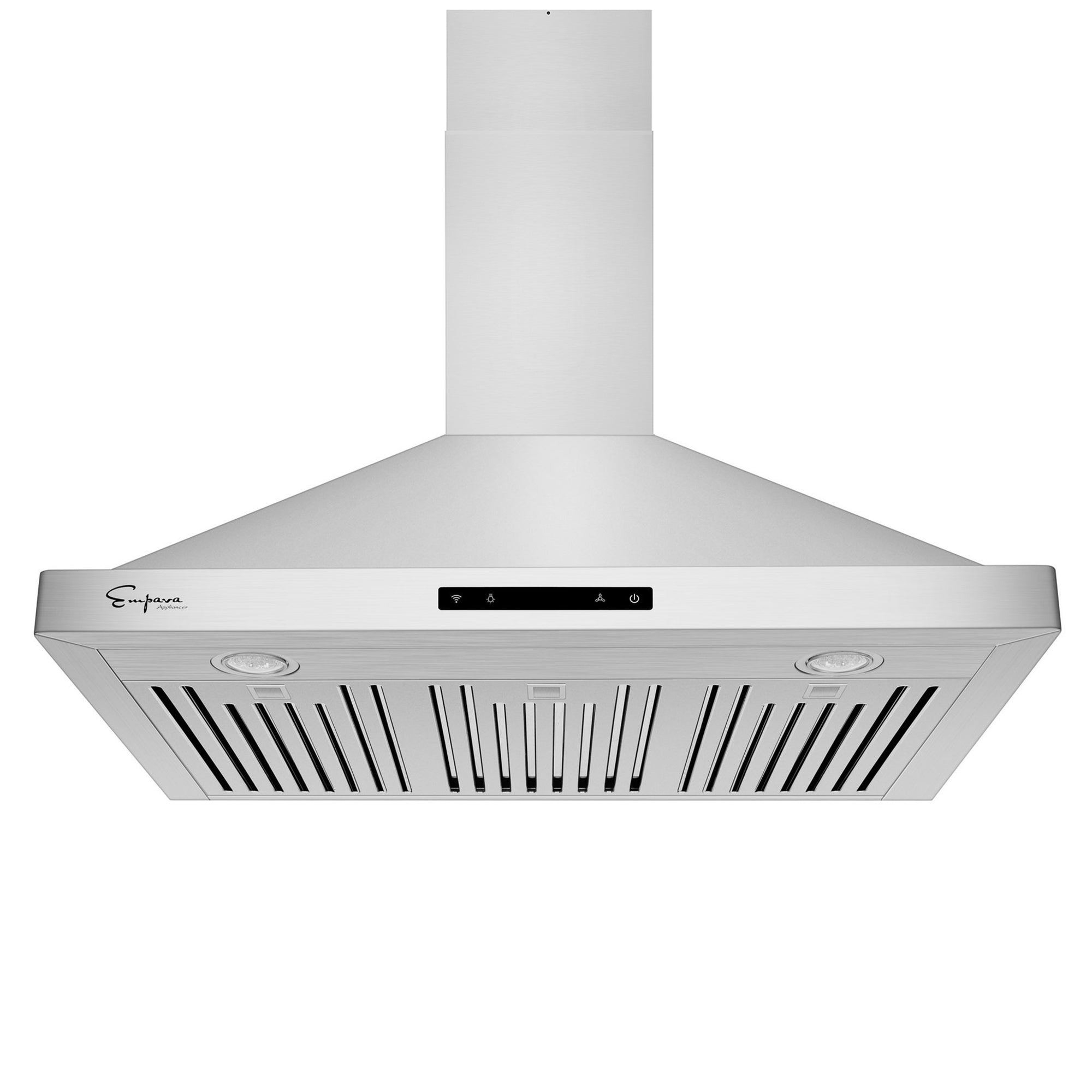 The Empava 36 in. 380 CFM Ducted Wall Mount Range Hood boasts a sleek, modern stainless steel conical design. Its touch control panel is located at the front, accompanied by LED lights and metal filters at the bottom, with the Empava logo elegantly displayed on the front left side.