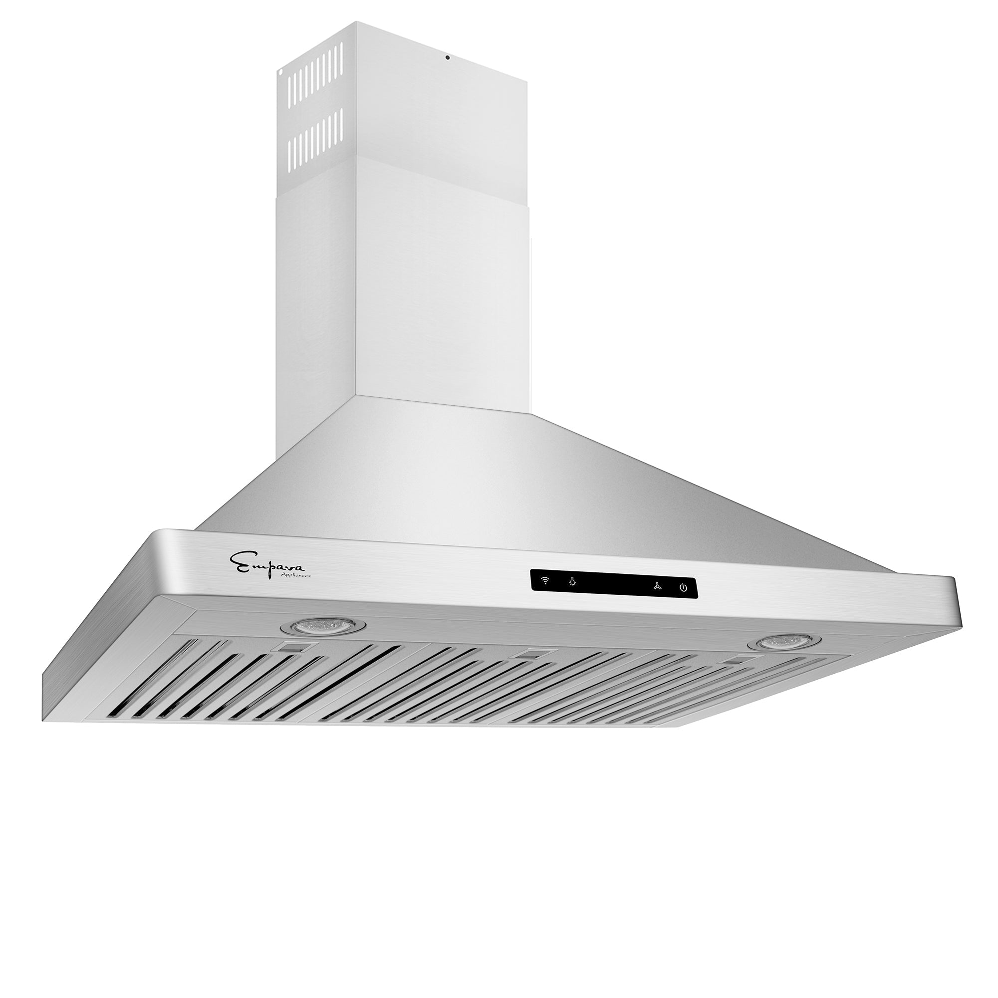 The Empava 36 in. 380 CFM Ducted Wall Mount Range Hood boasts a sleek pyramid design and is constructed from stainless steel. It features a digital control panel, two LED lights, and metal baffle filters underneath for efficient air filtration. The hood can handle up to 380 CFM of air volume, with the brand logo prominently displayed on the front left corner and an extending chimney for optimal ventilation.