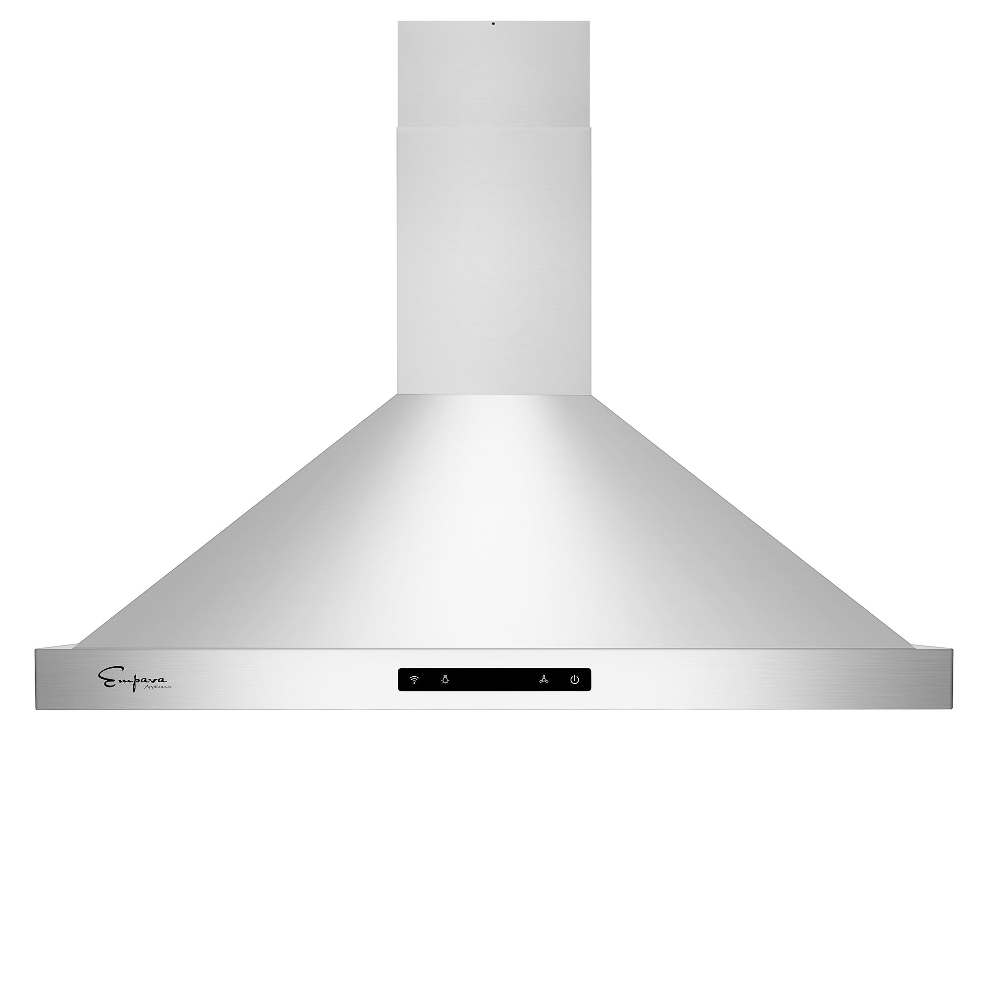 The Empava 36 in. 380 CFM Ducted Wall Mount Range Hood boasts a modern stainless steel construction with a sleek, conical design. Remotely controlled, it features a front-mounted control panel with buttons for light, fan speed, and power. With an impressive air volume of 380 CFM, the chimney extends upwards and proudly displays the brand logo on the left side.