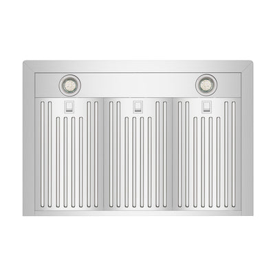 The Empava 36 in. 380 CFM Ducted Wall Mount Range Hood features a stainless steel filter and is equipped with two round LED lights positioned on the top left and right corners. This range hood has three vertical baffle sections, each with small rectangular handles in the middle, and can be conveniently remotely controlled for added ease of use.