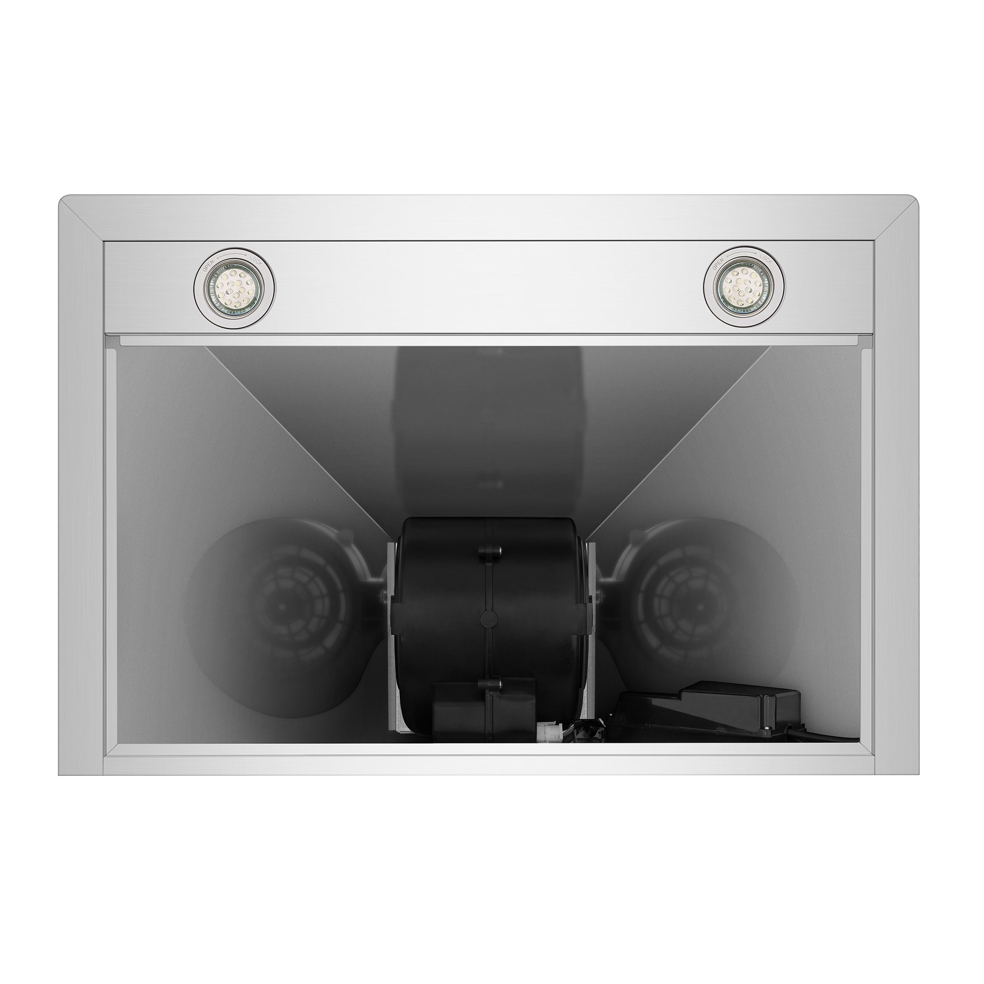 The image depicts the interior of the Empava 36 in. 380 CFM Ducted Wall Mount Range Hood, showcasing its modern stainless steel design. It features two circular LED lights on the upper panel and an exhaust fan capable of a 380 CFM air volume at the center, along with various air extraction components that can all be controlled remotely.