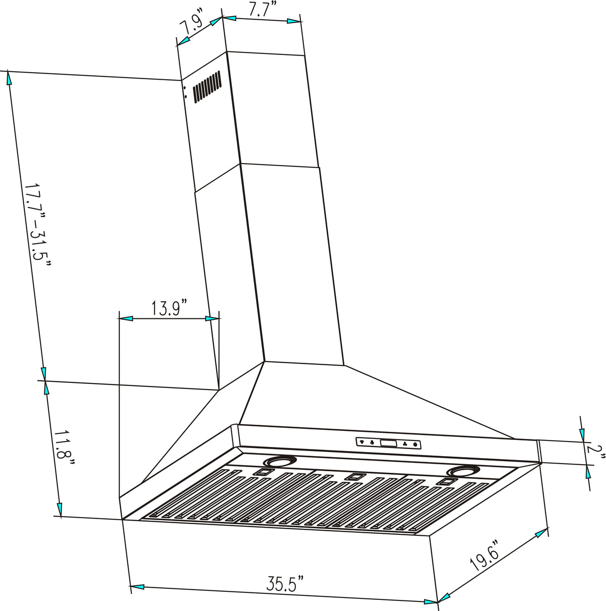 Illustrated line drawing of the Empava 36 in. 380 CFM Ducted Wall Mount Range Hood showcasing various measurements annotated. The top, adjustable portion ranges in height from 17.7 to 31.5 inches, with dimensions of 7.9 inches in width and 7.7 inches in depth. The main body measures 35.5 inches wide, stands at a height of 11.8 inches, and extends to a depth of 19.6 inches with its powerful design delivering a performance of 380 CFM.
