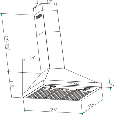 Illustrated line drawing of the Empava 36 in. 380 CFM Ducted Wall Mount Range Hood showcasing various measurements annotated. The top, adjustable portion ranges in height from 17.7 to 31.5 inches, with dimensions of 7.9 inches in width and 7.7 inches in depth. The main body measures 35.5 inches wide, stands at a height of 11.8 inches, and extends to a depth of 19.6 inches with its powerful design delivering a performance of 380 CFM.
