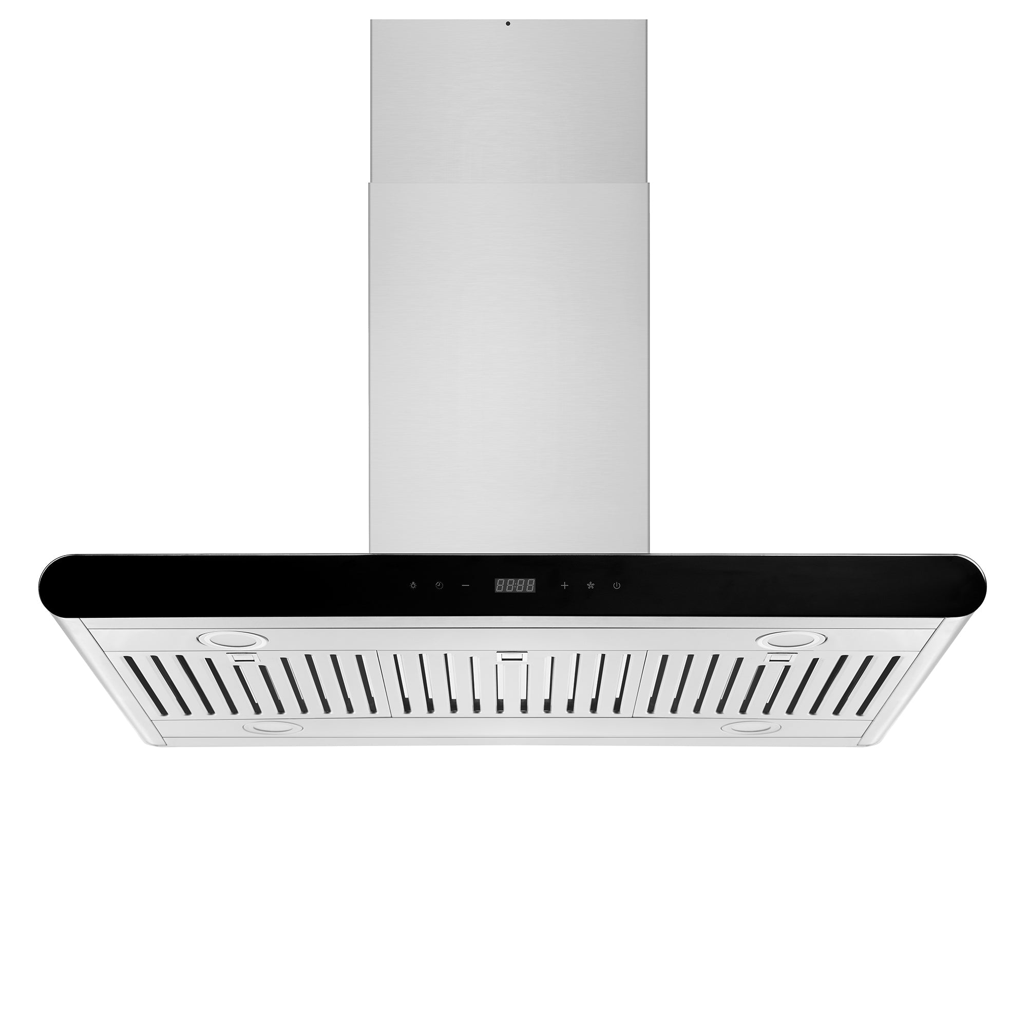 The Empava 36 in. 400 CFM Island Ducted Range Hood boasts a sleek, modern design featuring stainless steel construction, black accents on the bottom panel, and three visible mesh filters underneath. It comes equipped with digital controls and built-in lighting to enhance your kitchen experience.