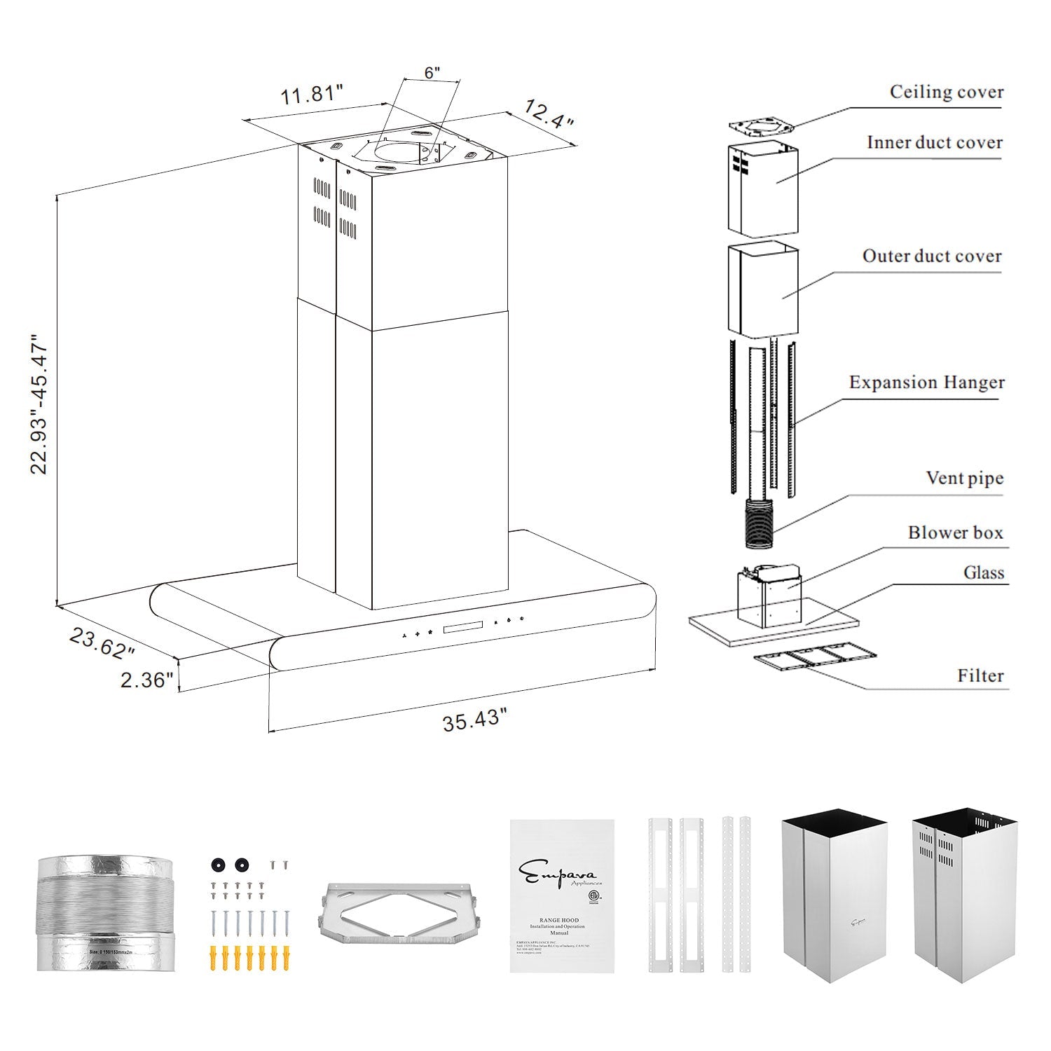 Diagram of the Empava 36 in. 400 CFM Island Ducted Range Hood with dimensions and components. The hood measures 22.83" to 45.47" in height, 35.43" in width, and 23.62" in depth, with airflow levels up to 400 CFM. Components include duct covers, blower box, filter, vent pipe, and mounting hardware for ceiling installation.