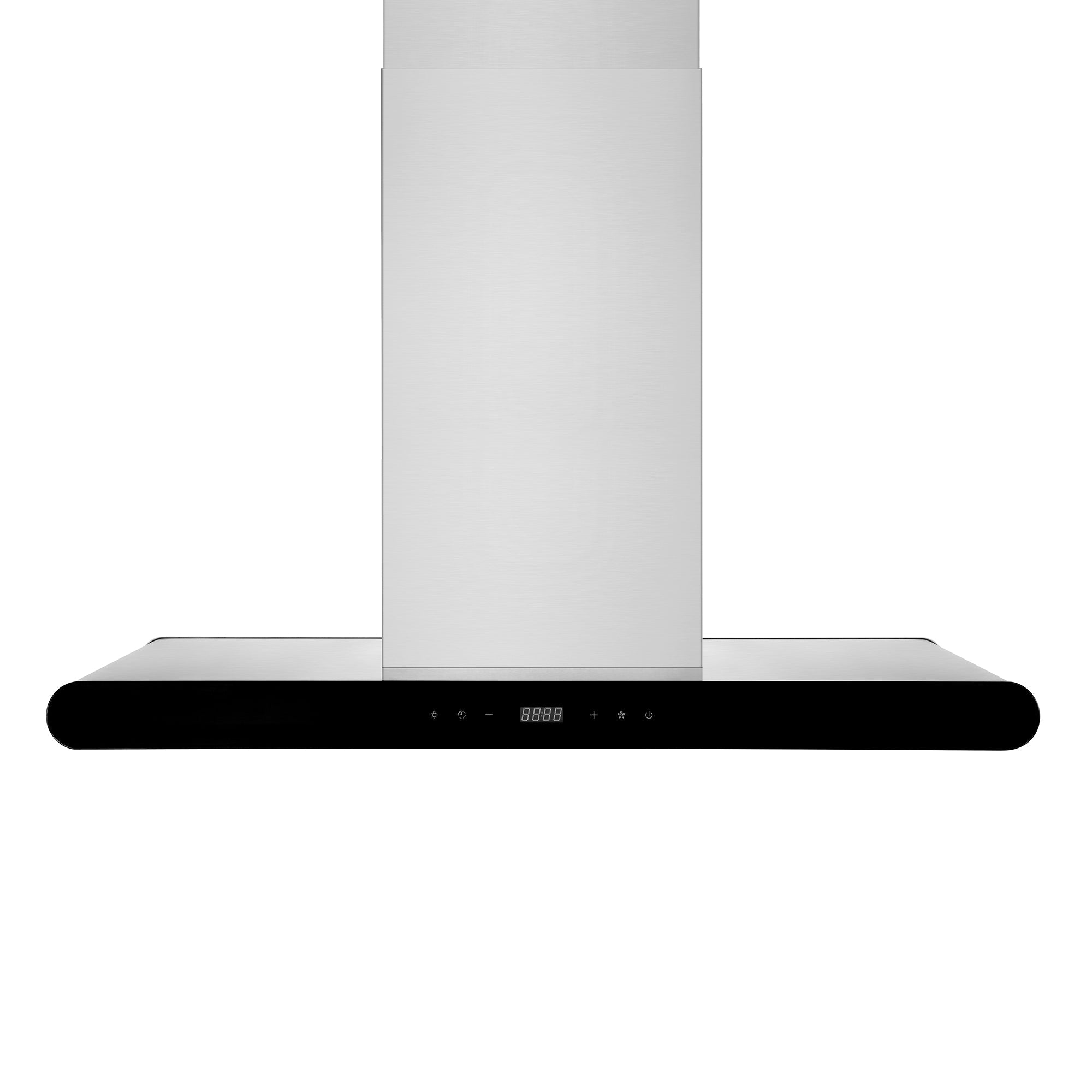 Introducing the Empava 36 in. 400 CFM Island Ducted Range Hood, a modern stainless steel kitchen essential featuring a sleek, rectangular design. This range hood boasts a black front panel with a digital display and touch controls, located below the ductwork. Its minimalistic aesthetics perfectly complement contemporary kitchen designs.