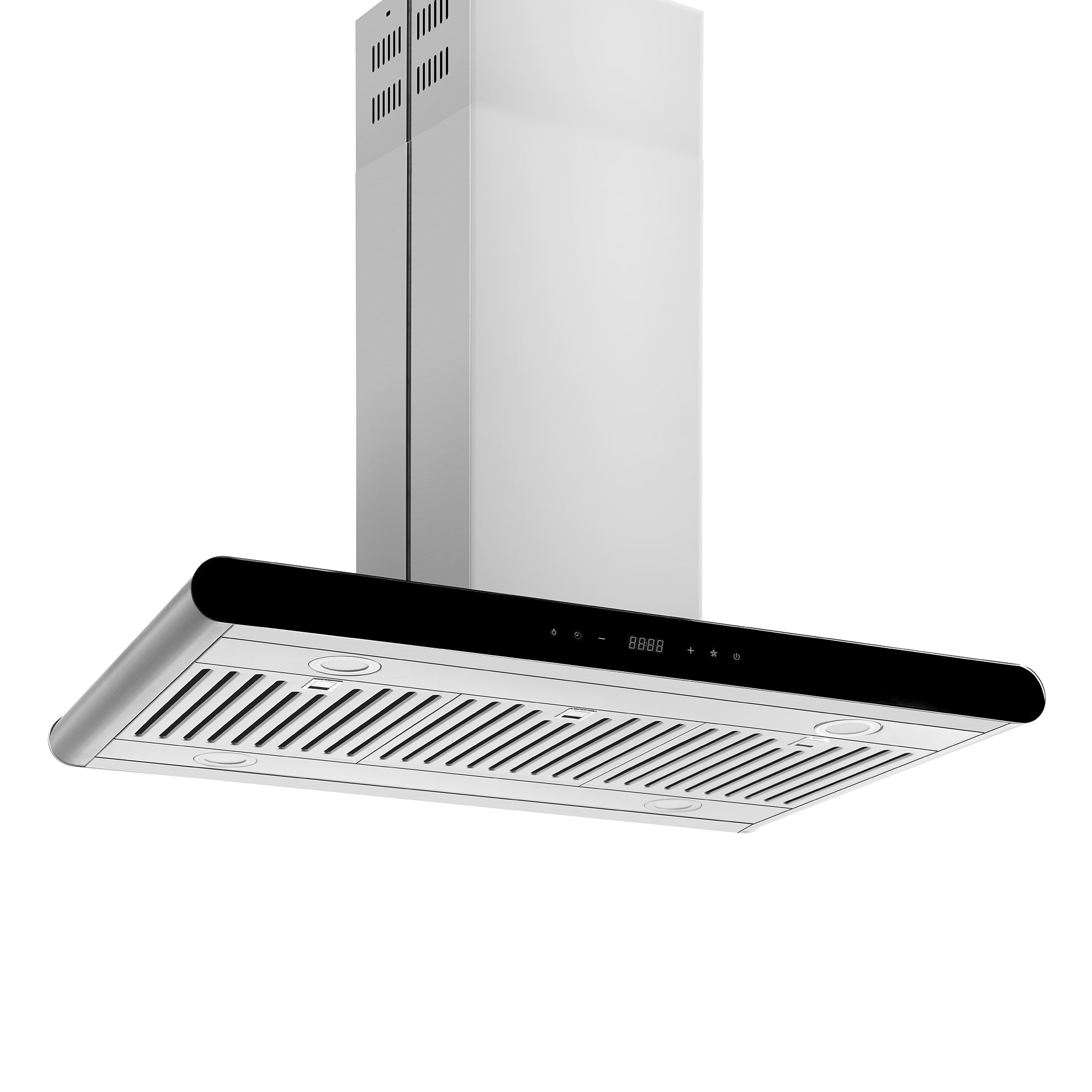 The Empava 36 in. 400 CFM Island Ducted Range Hood is a modern stainless steel range hood with a black control panel. It features LED lights and stainless steel filters on the underside, mounted to a duct that extends upwards. The sleek, contemporary design allows for seamless ceiling installation, making it ideal for a modern kitchen.