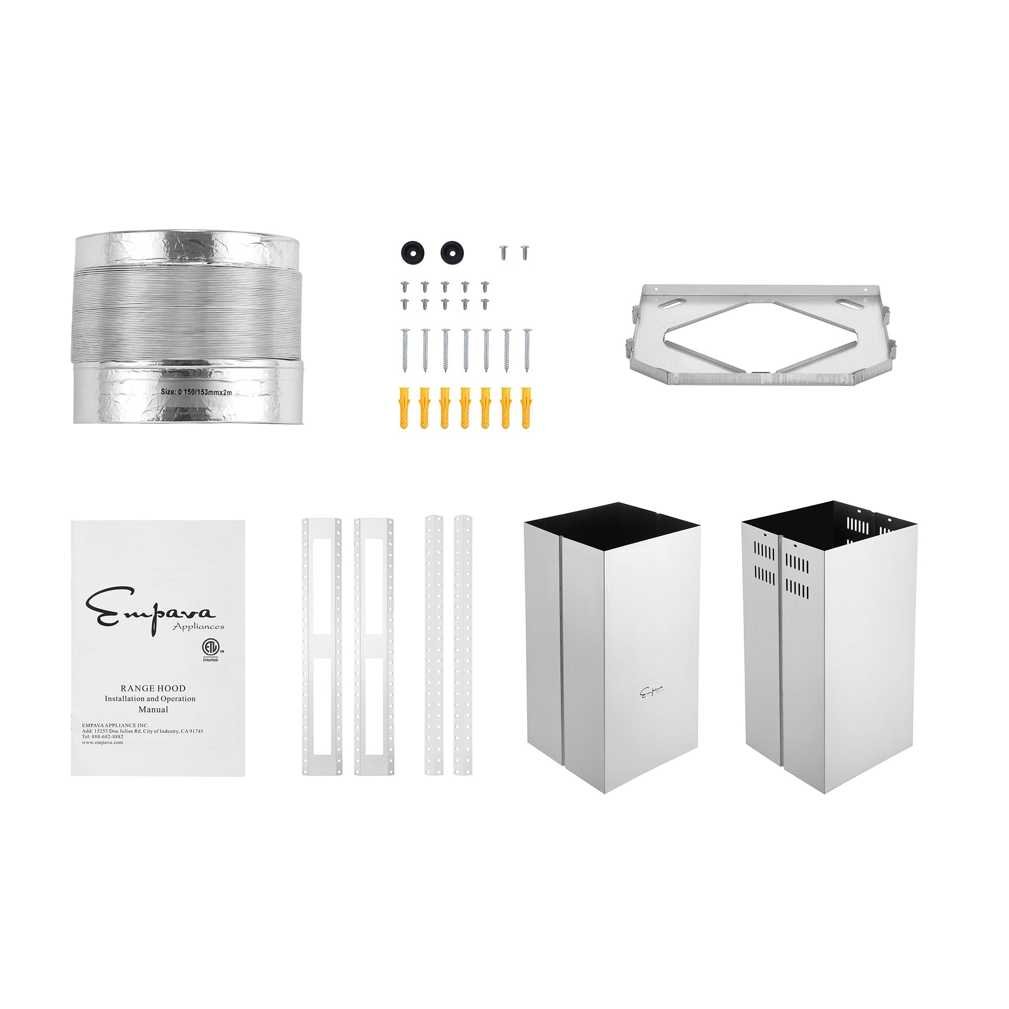 Components for the Empava 36 in. 400 CFM Island Ducted Range Hood installation laid out on a white background. Included are ductwork, screws, wall plugs, metal brackets, an instruction manual, and two stainless steel chimney covers to ensure optimal airflow levels and ceiling installation compatibility.