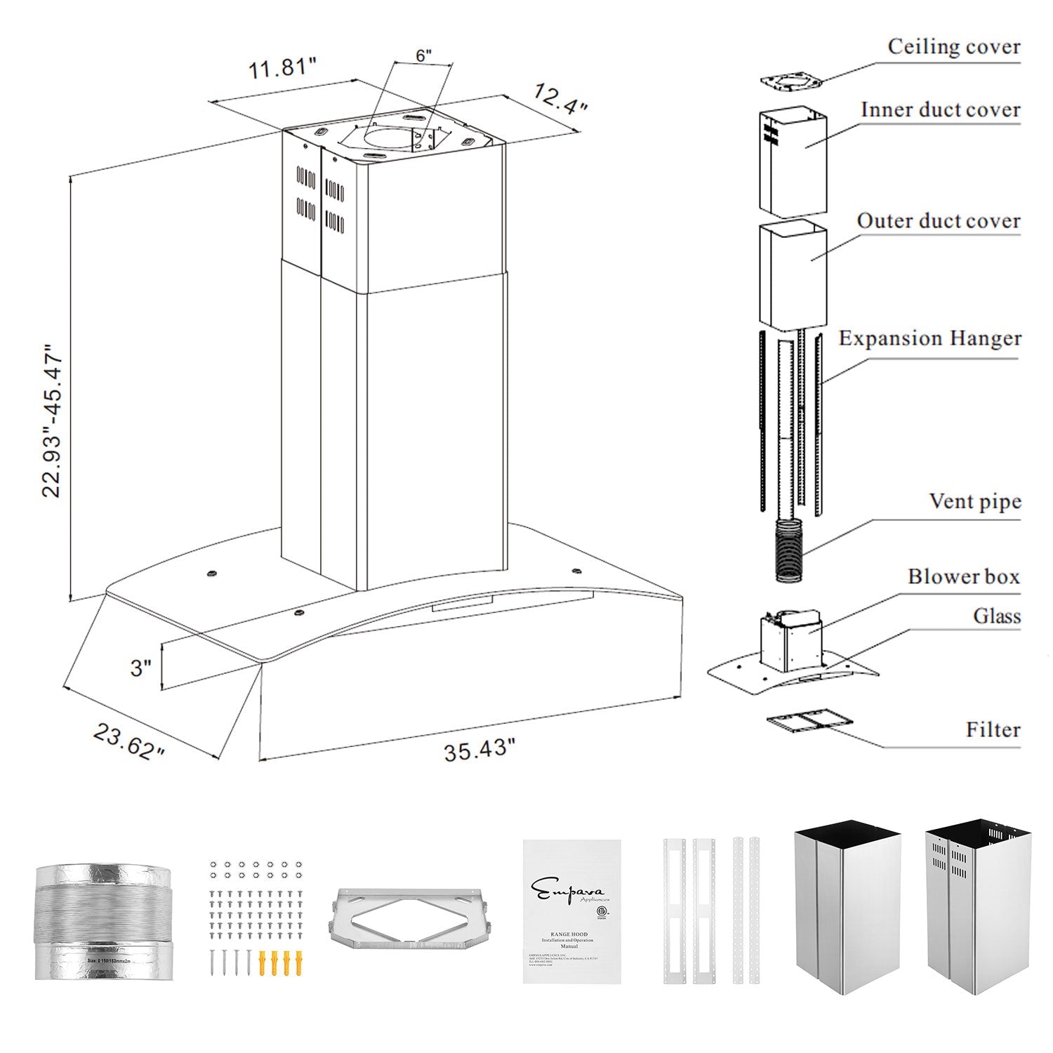 A detailed diagram of the Empava 36 in. 400 CFM Kitchen Island Wall Mount Ducted Range Hood and its components is provided. The main hood unit is shown with dimensions. To the right, there are labeled parts including a ceiling cover, duct covers, an expansion hanger, a vent pipe, a blower box (providing 400 CFM airflow levels), glass panels, and a filter. Accessories are displayed at the bottom.