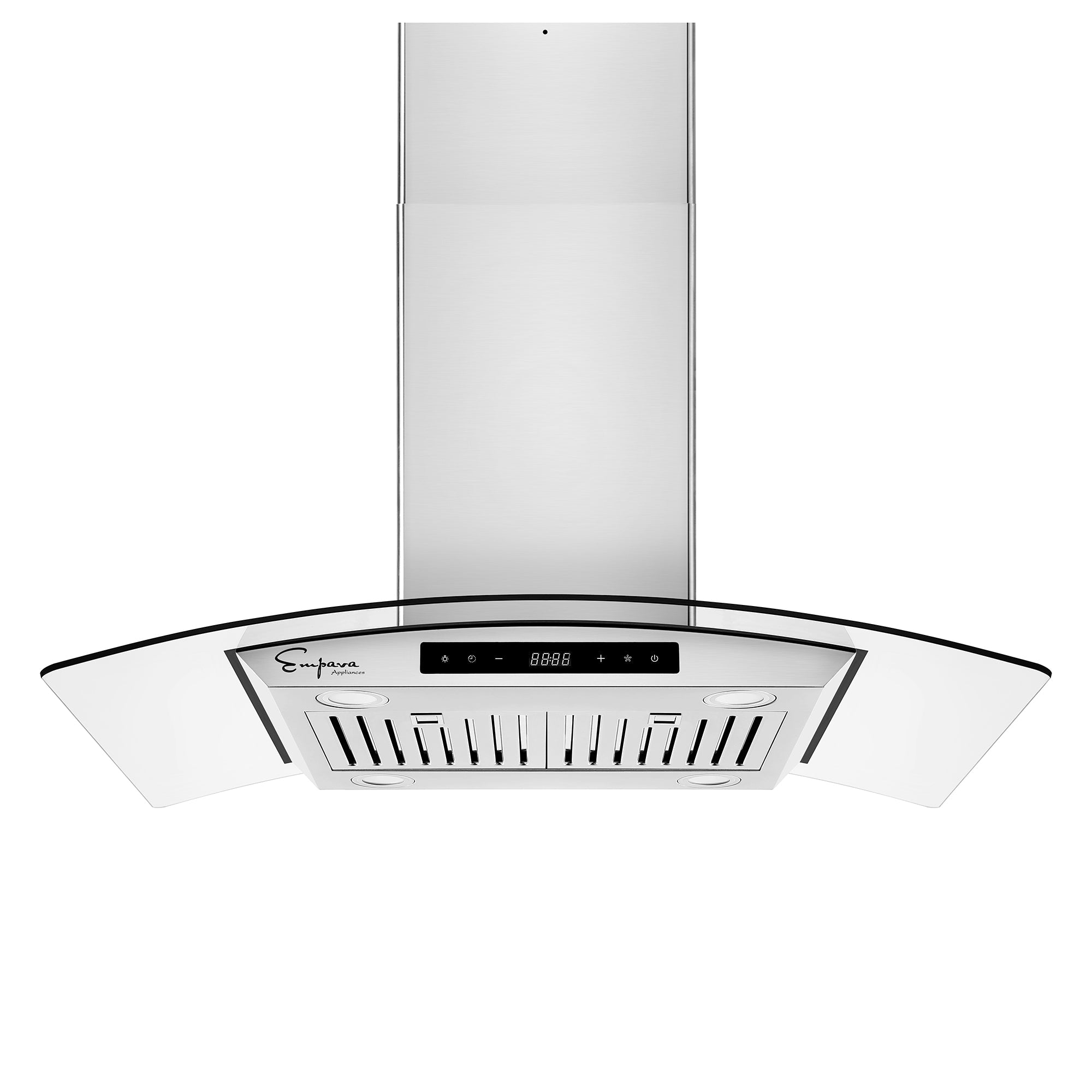 The Empava 36 in. Kitchen Island Wall Mount Ducted Range Hood, made of modern stainless steel, features a curved tempered glass hood and delivers 400 CFM airflow levels. Its control panel includes a digital display and buttons for adjusting fan speed and lighting. This island-type range hood comes equipped with two grease filters at the bottom, showcasing the "Empava" brand prominently on the front.