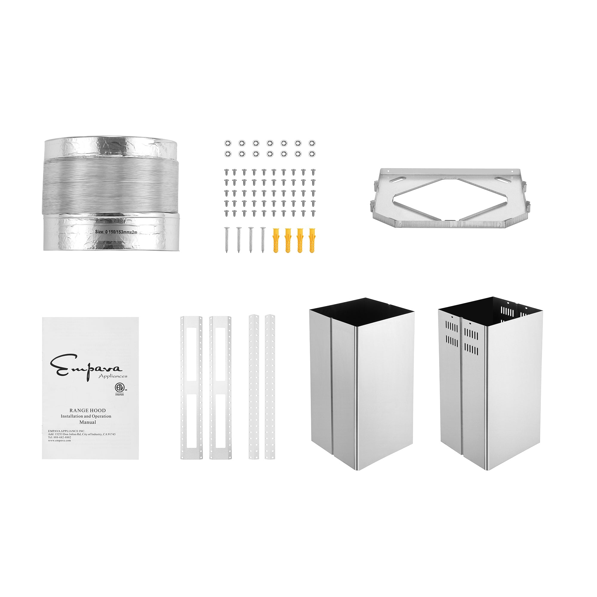 Components of the Empava 36 in. 400 CFM Kitchen Island Wall Mount Ducted Range Hood are laid out: flexible ducting, screws, anchors, connectors, mounting bracket, two-part chimney, user manual, and installation guides. The parts are arranged in an organized manner on a plain white background. This model offers up to 400 CFM airflow levels.