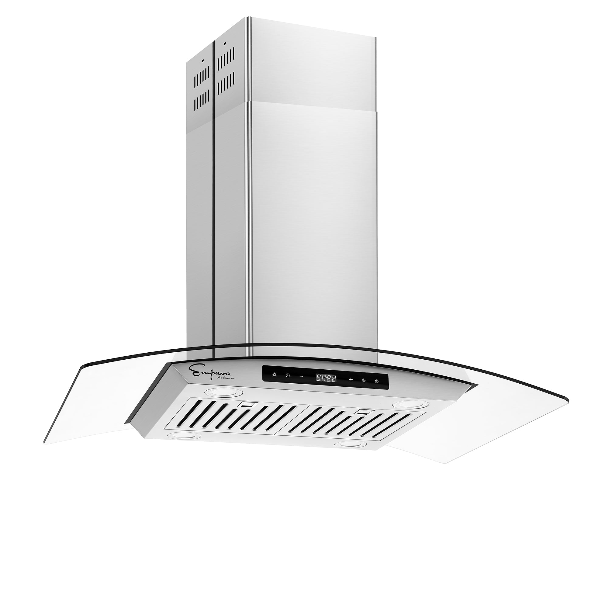 The Empava 36 in. 400 CFM Kitchen Island Wall Mount Ducted Range Hood is a stainless steel island-type range hood with a curved glass canopy. It features touch controls and a digital display on the front, accompanied by two LED lights and metal filters underneath. With its sleek and modern design, this range hood is perfect for contemporary kitchens.