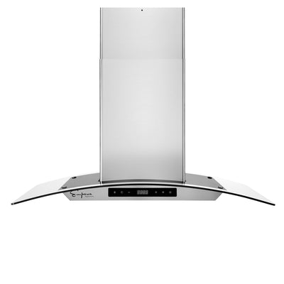 The Empava 36 in. 400 CFM Kitchen Island Wall Mount Ducted Range Hood boasts a sleek, modern design with a stainless steel finish and a curved glass canopy. Its control panel features a digital display and buttons for easy operation, allowing you to effortlessly adjust the 400 CFM airflow levels. The chimney extends upward, offering a minimalist aesthetic with the brand logo on the left side.
