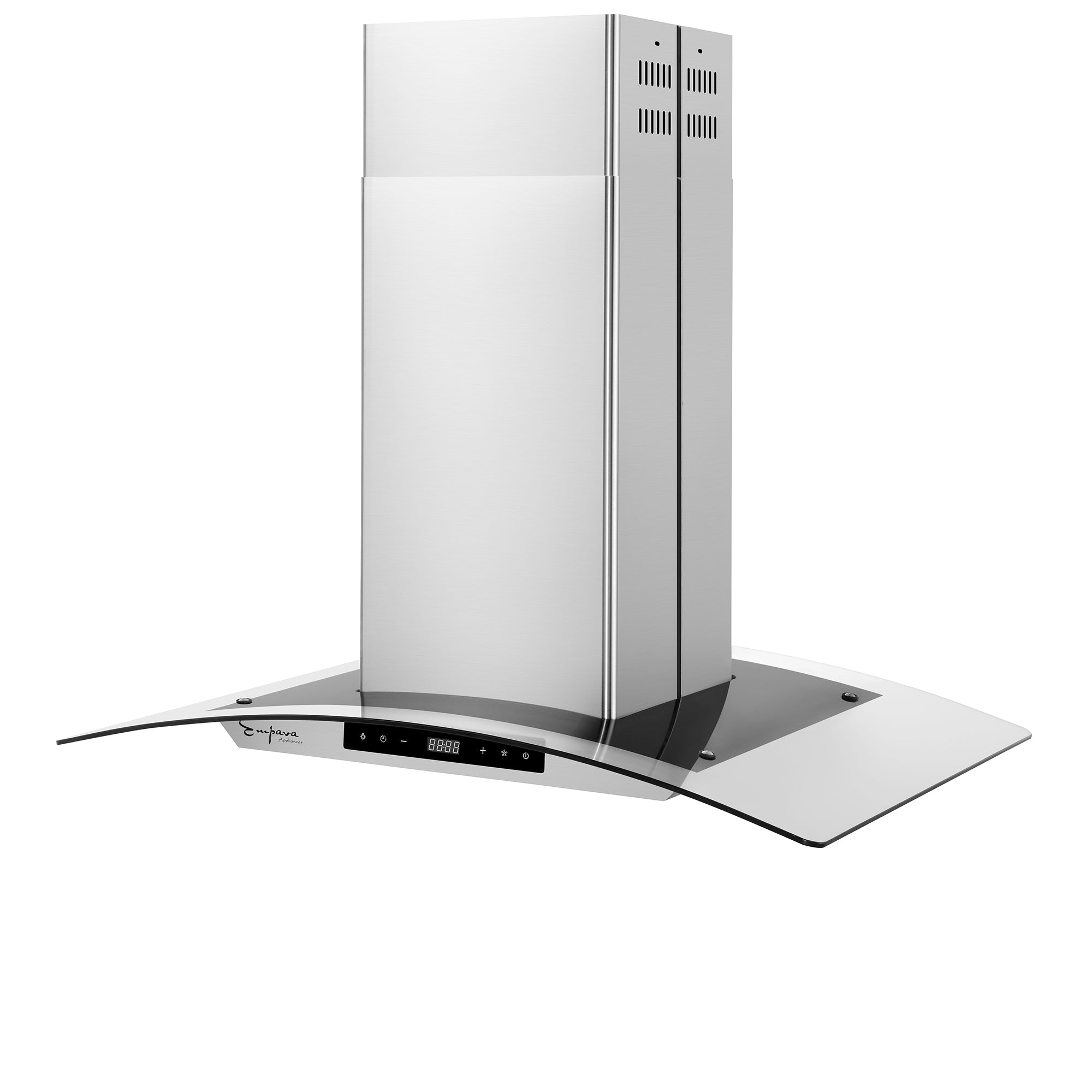 The Empava 36 in. 400 CFM Kitchen Island Wall Mount Ducted Range Hood boasts a sleek, modern stainless steel design with a glass canopy. It features an electronic control panel with a digital display and multiple buttons for various functions, including adjustable airflow levels. The chimney extends upwards, providing 400 CFM of ventilation for stovetop fumes.