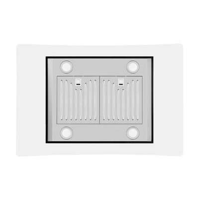 An image of an Empava 36 in. 400 CFM Kitchen Island wall mount ducted range hood featuring a silver metallic switch plate in the center. The switch plate includes two rectangular buttons and four circular elements at each corner, surrounded by vertical grooves.