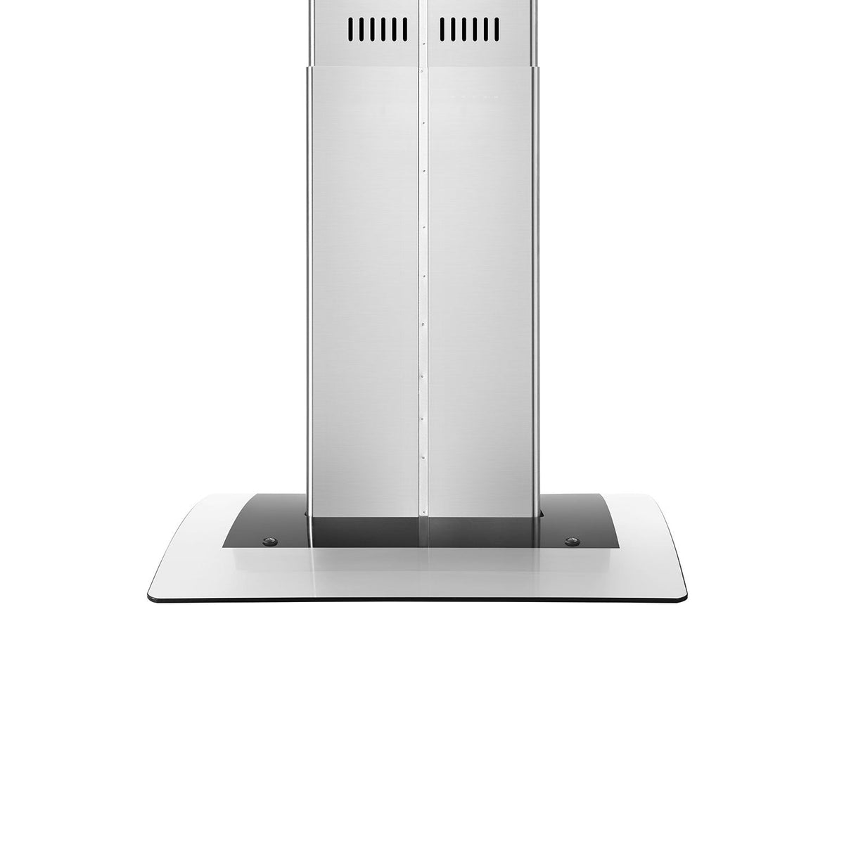 The Empava 36 in. 400 CFM Kitchen Island Wall Mount Ducted Range Hood features a sleek, rectangular chimney design and a wide, flat glass base. The smooth surface is complemented by visible ventilation slits near the top, offering both form and function. This stylish island-type appliance boasts a modern minimalist aesthetic while delivering efficient airflow at 400 CFM.