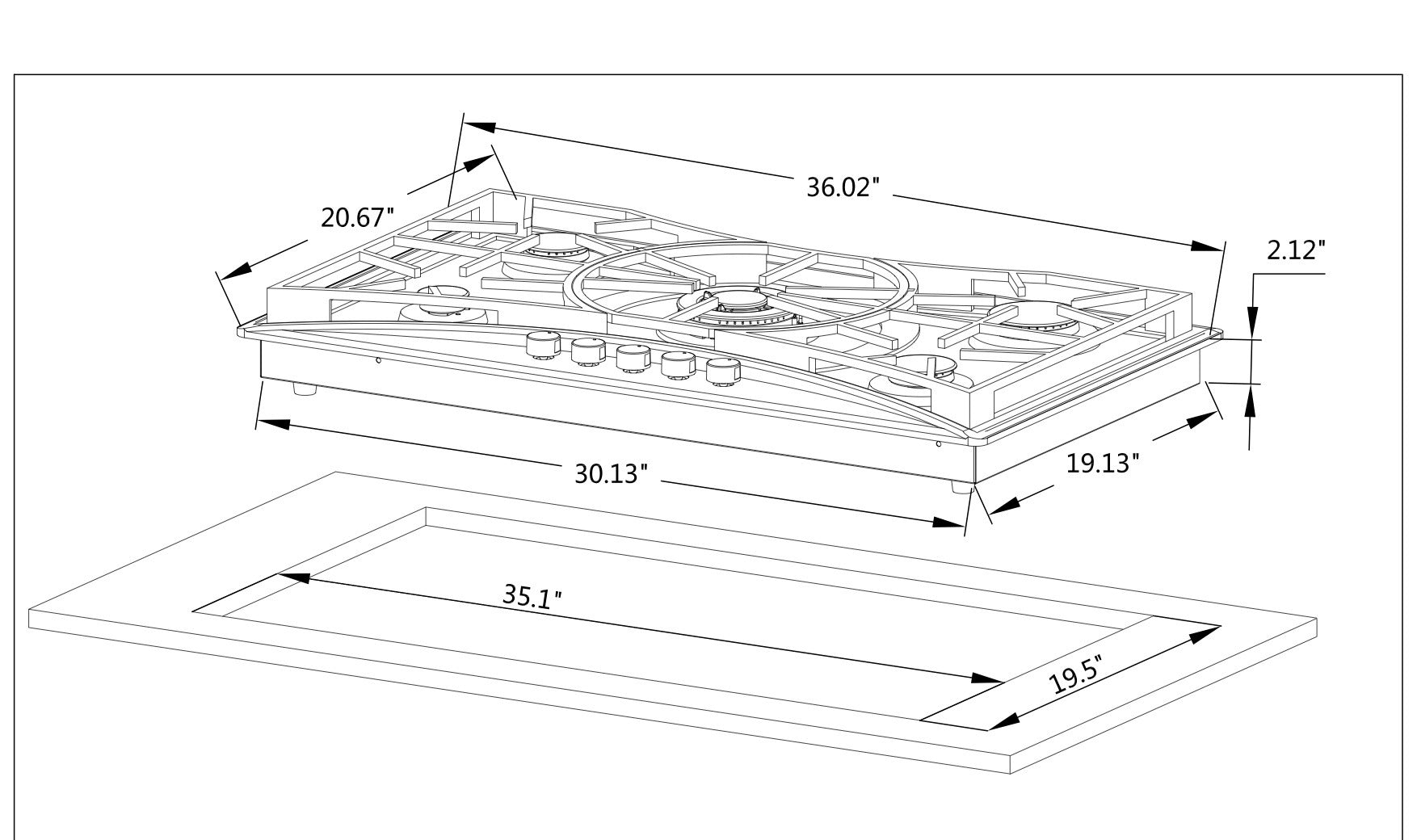 A technical drawing of the Empava 36 in. Built-in Gas Cooktop with dimensions. This rectangular cooktop, compatible with LPG and NG, measures 36.02 inches by 20.67 inches by 2.12 inches. The cutout space for installation is shown to be 35.1 inches by 19.5 inches. The cooktop features knobs and burner placements.
