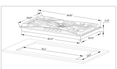 A technical drawing of the Empava 36 in. Built-in Gas Cooktop with dimensions. This rectangular cooktop, compatible with LPG and NG, measures 36.02 inches by 20.67 inches by 2.12 inches. The cutout space for installation is shown to be 35.1 inches by 19.5 inches. The cooktop features knobs and burner placements.

