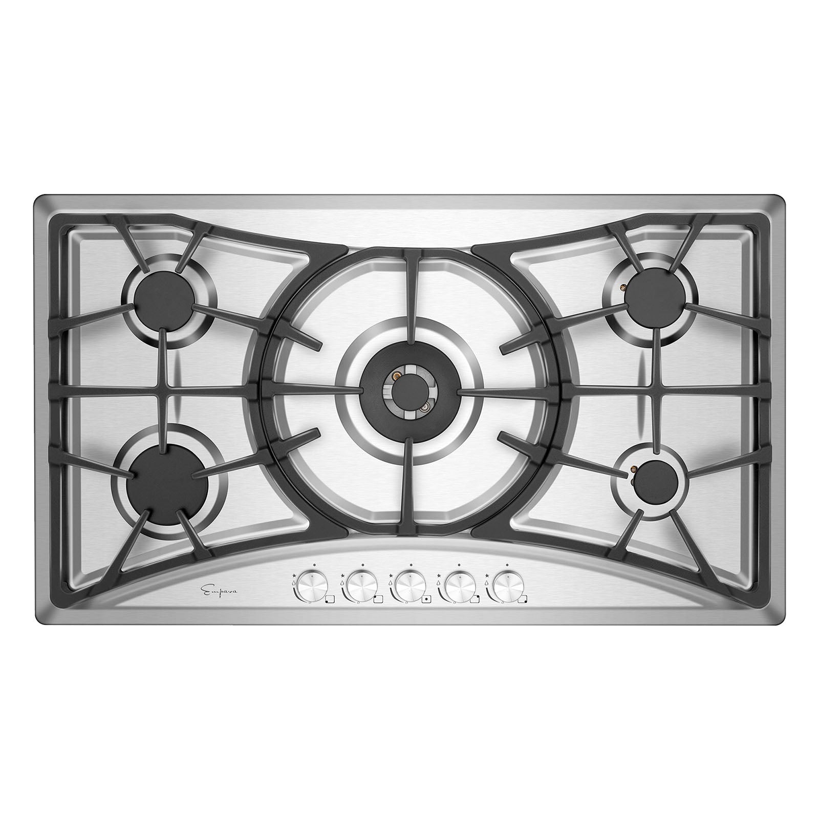 A top view of the Empava 36 in. Built-in Gas Cooktops reveals a stainless steel surface equipped with five burners. The central burner is larger, flanked by two medium-sized burners on either side, and two smaller burners positioned at the back corners. Designed for use with either NG or LPG, it features four control knobs located along the front edge of the cooktop.