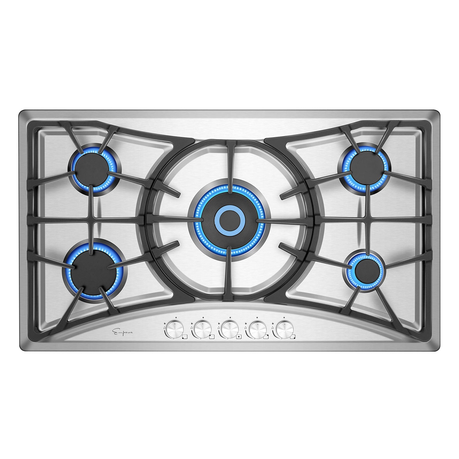 A top view of the Empava 36 in. Built-in Gas Cooktop shows its stainless steel surface with five burners, each encircled by a blue flame. This LPG stove is designed with black grates and a row of four control knobs located at the front, and features a larger central burner compared to the other four.