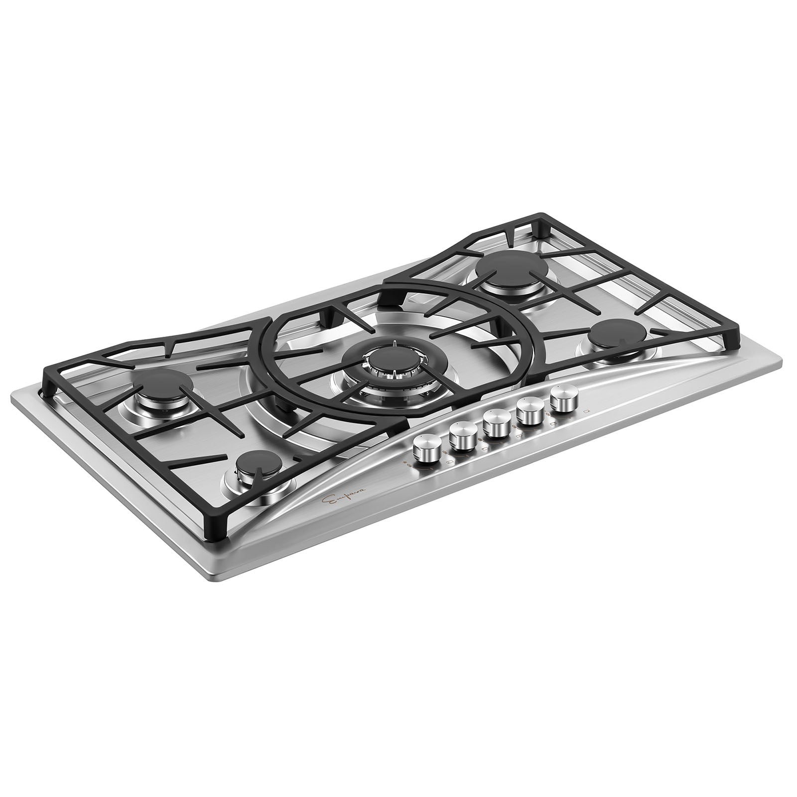 The Empava 36 in. Built-in Gas Cooktops features a sleek stainless steel design with five LPG burners, including a large central burner encircled by elegant black cast iron grates. The control knobs are conveniently positioned in a horizontal row at the front of the cooktop.