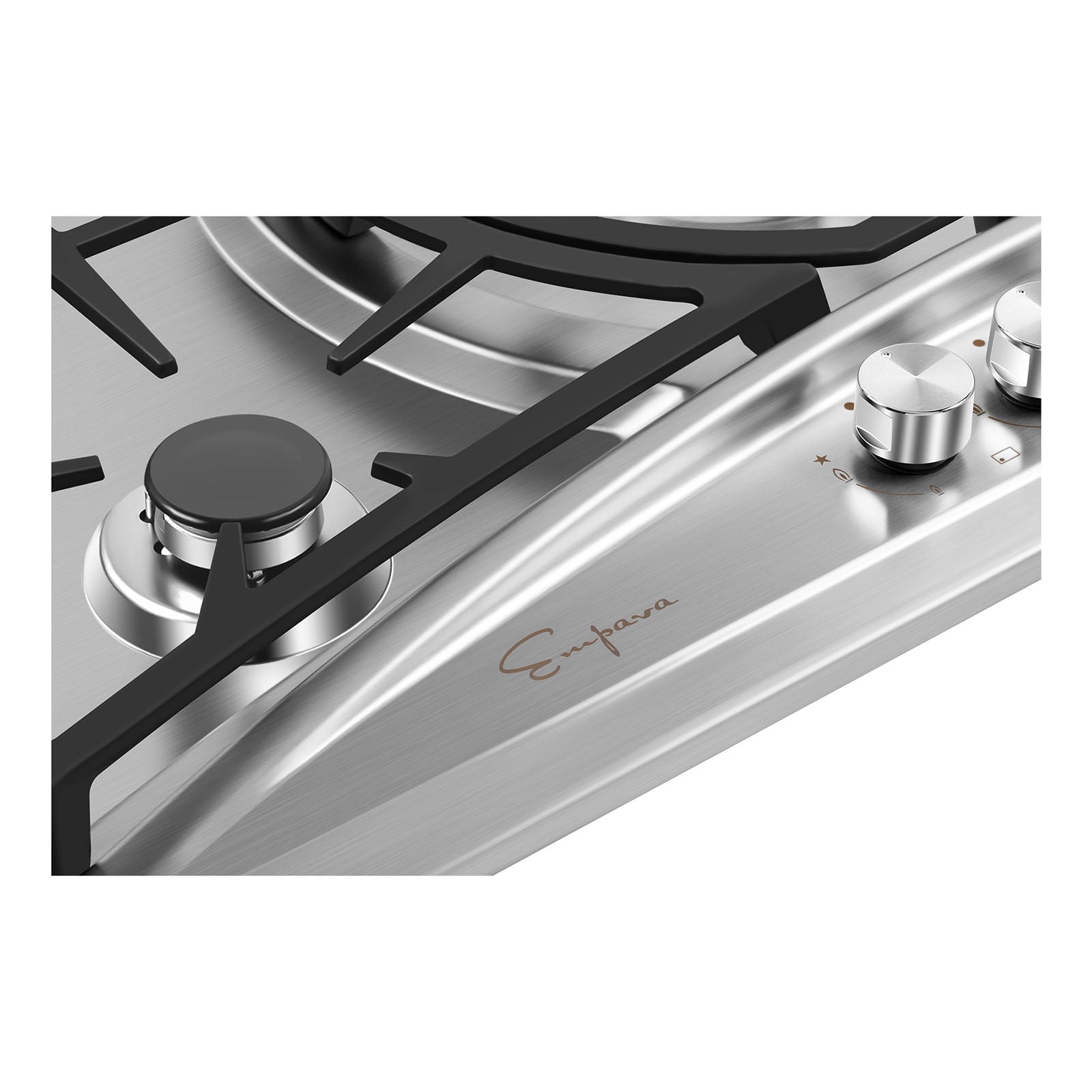 Close-up of the Empava 36 in. Built-in Gas Cooktop with black grates. The image showcases one of the NG burners and part of the control panel, which features two metallic knobs and an engraved "Empava" logo. The control panel includes markings for adjusting the flame levels.