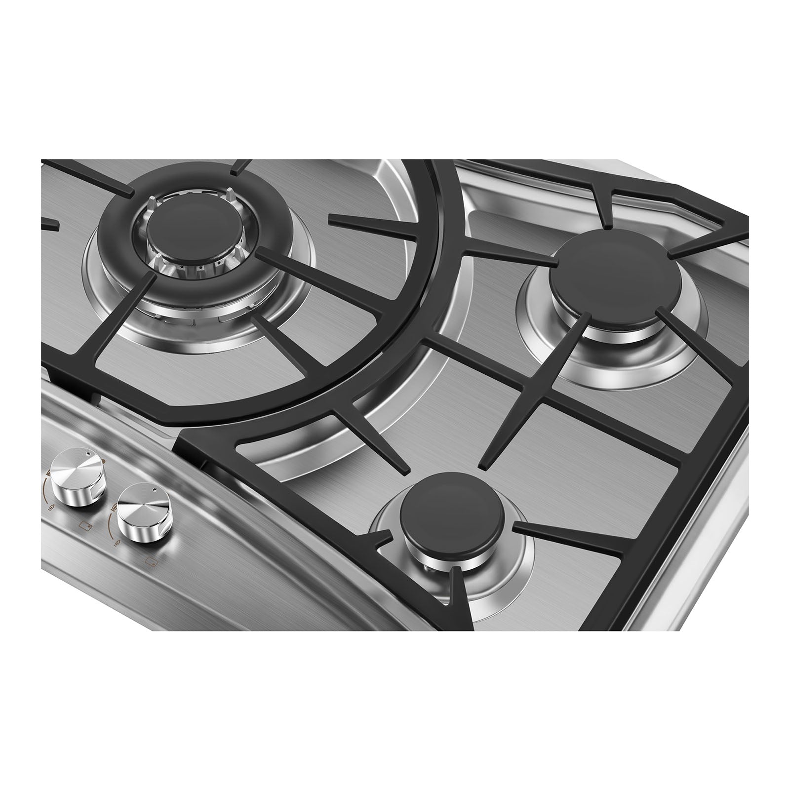 A close-up view of the Empava 36 in. Built-in Gas Cooktops showcases its stainless steel design with four LPG-compatible burners. The image features three round black burners equipped with metallic support grates and two control knobs positioned on the left side for precise heat adjustment.