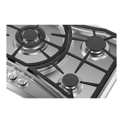A close-up view of the Empava 36 in. Built-in Gas Cooktops showcases its stainless steel design with four LPG-compatible burners. The image features three round black burners equipped with metallic support grates and two control knobs positioned on the left side for precise heat adjustment.