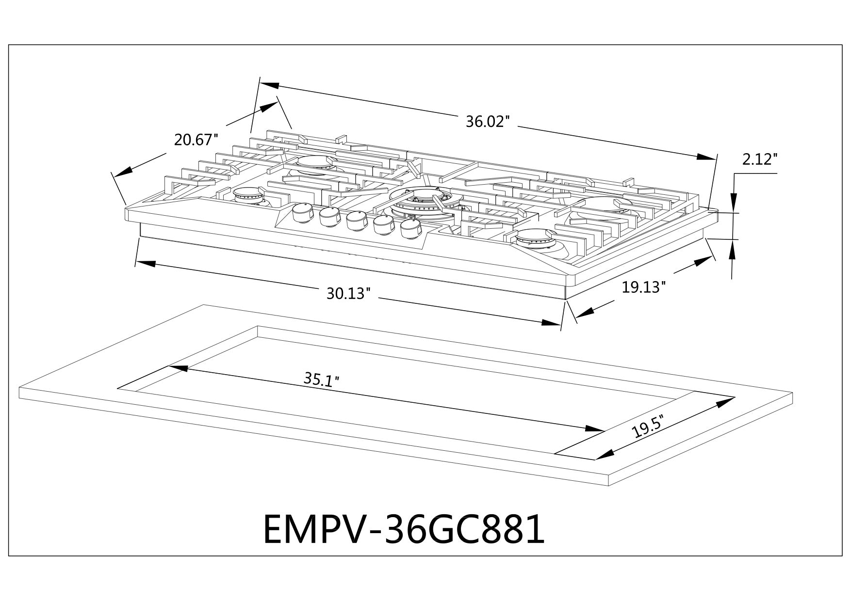 Technical drawing of an Empava 36 in. Built-in Gas Cooktop, model EMPV-36GC881, featuring 5 burners. The cooktop surface measures 36.02" x 20.67" x 2.12". The cutout dimension for installation is shown as 35.1" x 19.5". Suitable for both NG energy sources and LPG, the image includes measurements of the cooktop's components.


