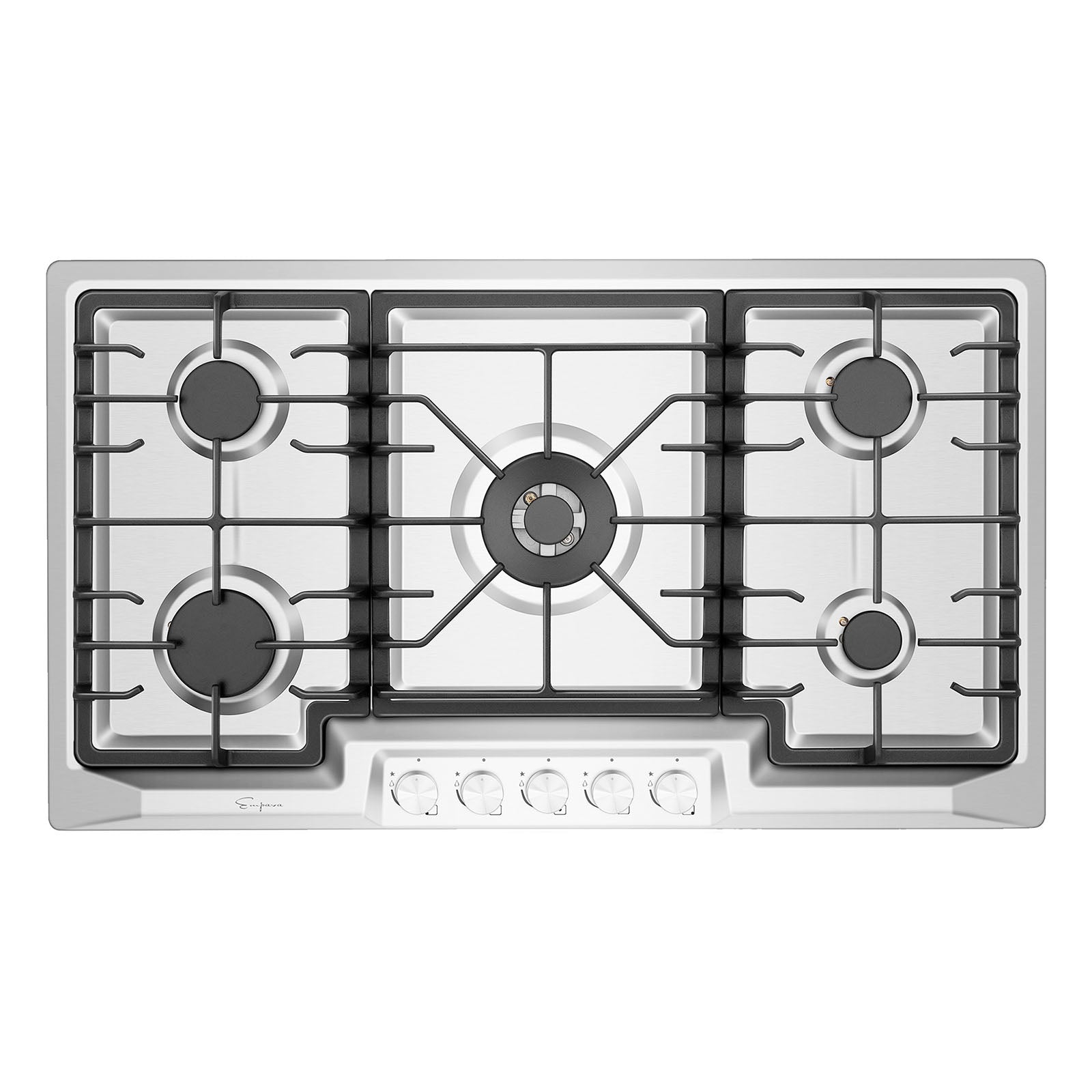 The Empava 36 in. Built-in Gas Cooktop is a stainless steel gas cooktop with five burners, including one large central burner and four smaller ones. It's compatible with both natural gas and LPG energy sources. The cooktop features black grates over each burner and has five control knobs located at the front center.