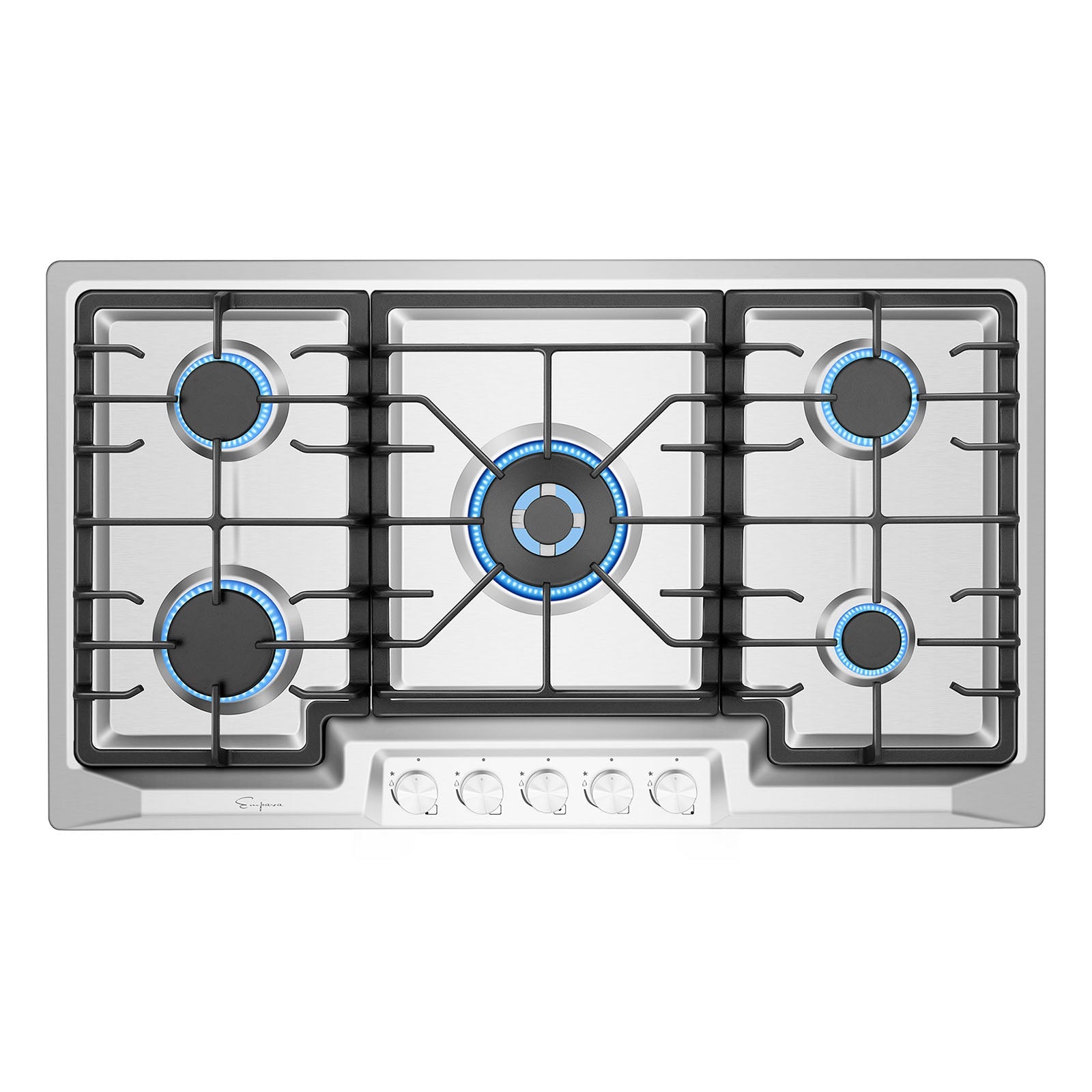 The Empava 36 in. Built-in Gas Cooktop is a stainless steel model featuring five burners, each ignited with blue flames. The burner layout includes one large central burner, two medium burners positioned on the left and right, and two smaller burners located in the front corners. This cooktop is compatible with both LPG and NG energy sources and has five control knobs positioned at the front for ease of use.