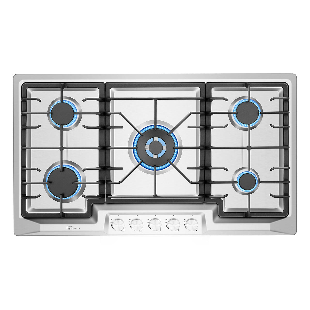 The Empava 36 in. Built-in Gas Cooktop is a stainless steel model featuring five burners, each ignited with blue flames. The burner layout includes one large central burner, two medium burners positioned on the left and right, and two smaller burners located in the front corners. This cooktop is compatible with both LPG and NG energy sources and has five control knobs positioned at the front for ease of use.