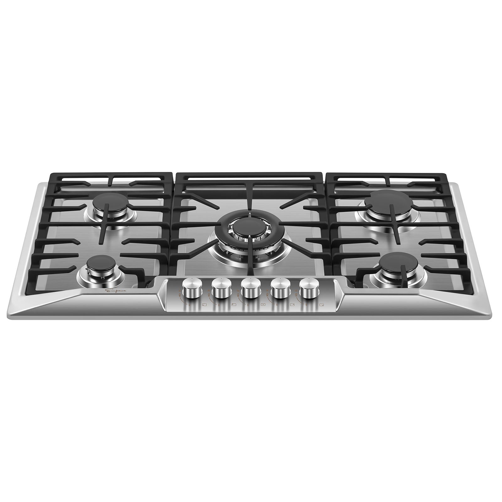 The Empava 36 in. Built-in Gas Cooktops feature a stainless steel gas stovetop with five burners, including an oversized center burner, paired with intricately designed black grates. The front is equipped with six control knobs to precisely adjust the flame levels of each burner. This sleek and modern cooktop is compatible with both LPG and NG energy sources, making it a versatile addition to any kitchen.