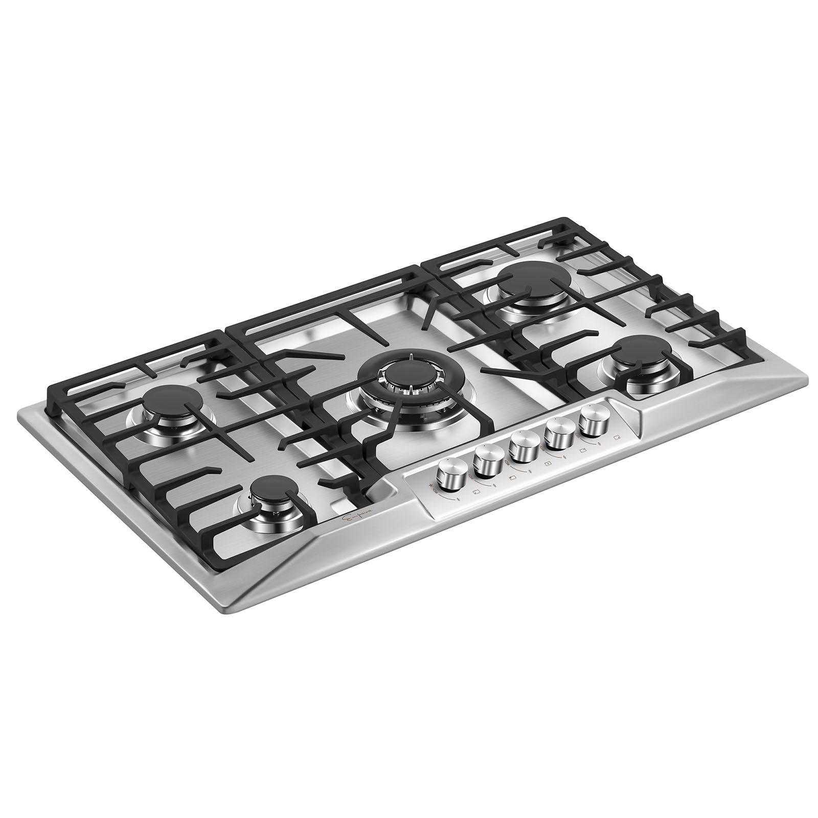 The Empava 36 in. Built-in Gas Cooktops is a stainless steel gas cooktop that uses NG energy sources and includes five burners, featuring one large central burner. The cooktop is equipped with black cast iron grates and has five control knobs located at the front.