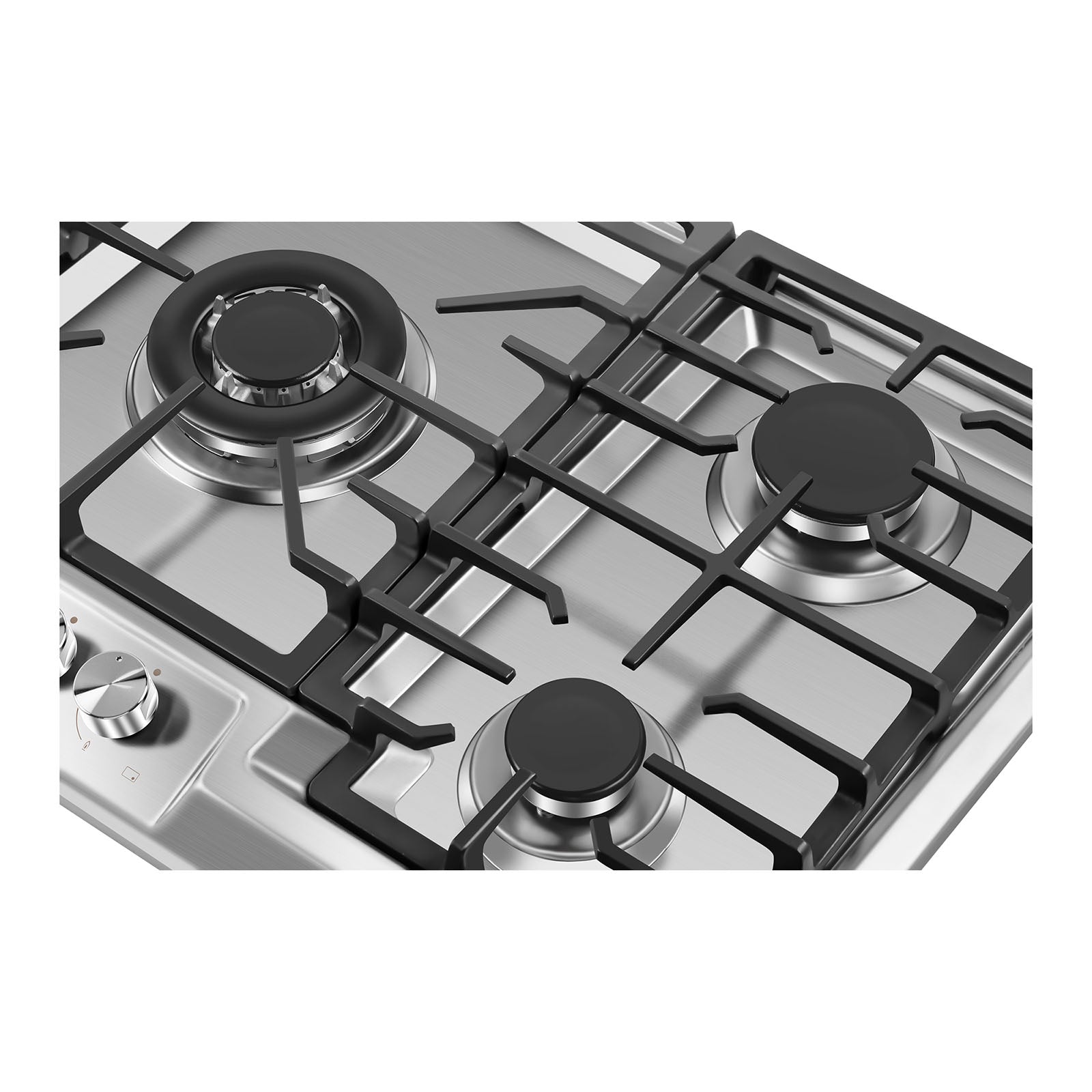 Close-up view of the Empava 36 in. Built-in Gas Cooktop, showcasing a stainless steel design with five burners, including one larger burner and four smaller ones. The cooktop features black grates and control knobs on the left side, compatible with both NG and LPG energy sources.