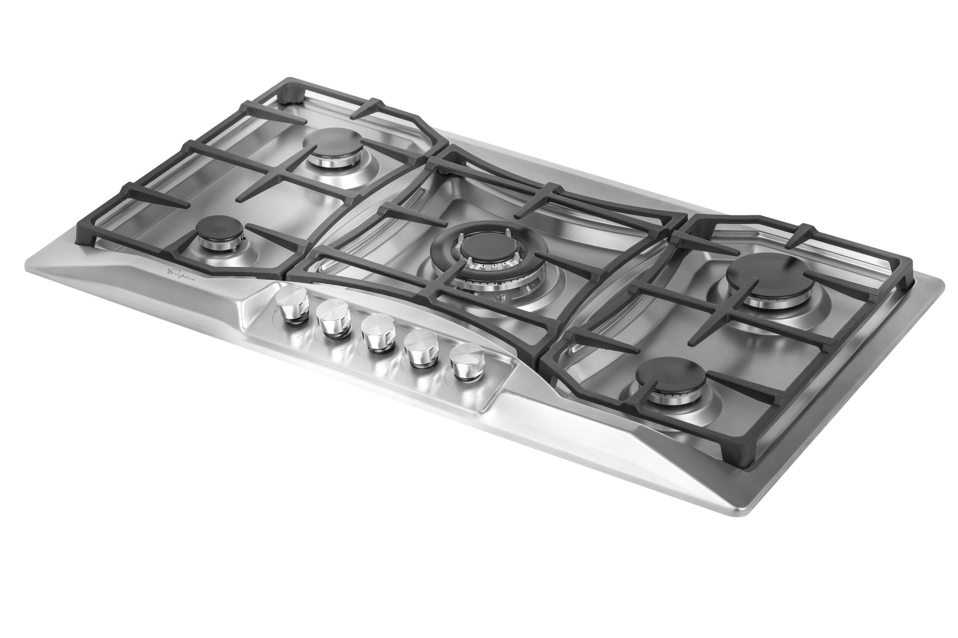 Introducing the Empava 36 in. Built-in Gas Cooktop, constructed from durable stainless steel and featuring five burners. The cooktop is equipped with black grates and conveniently located control knobs at the front center. For efficient cooking, it offers powerful BTU output compatible with both LPG and NG energy sources, including one large central burner flanked by four smaller burners evenly spaced at the corners.