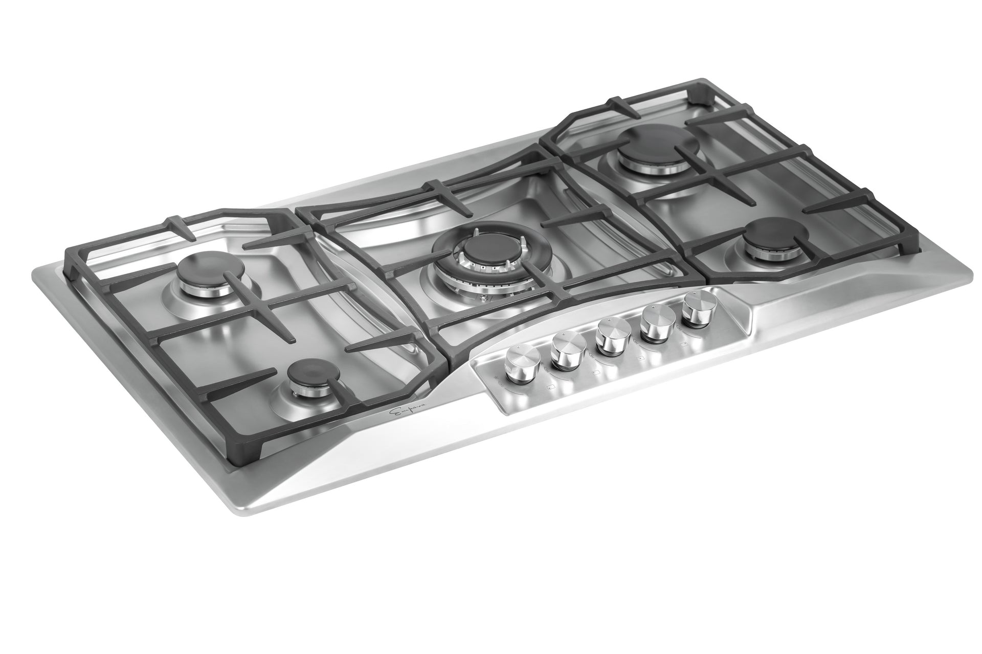 The Empava 36 in. Built-in Gas Cooktop features five burners of varying sizes and BTU power, with the center burner being the largest, set apart by a circular grid. The cooktop includes sturdy black grates and six front-facing control knobs for adjusting flame and heat levels. It is compatible with both LPG and NG energy sources.