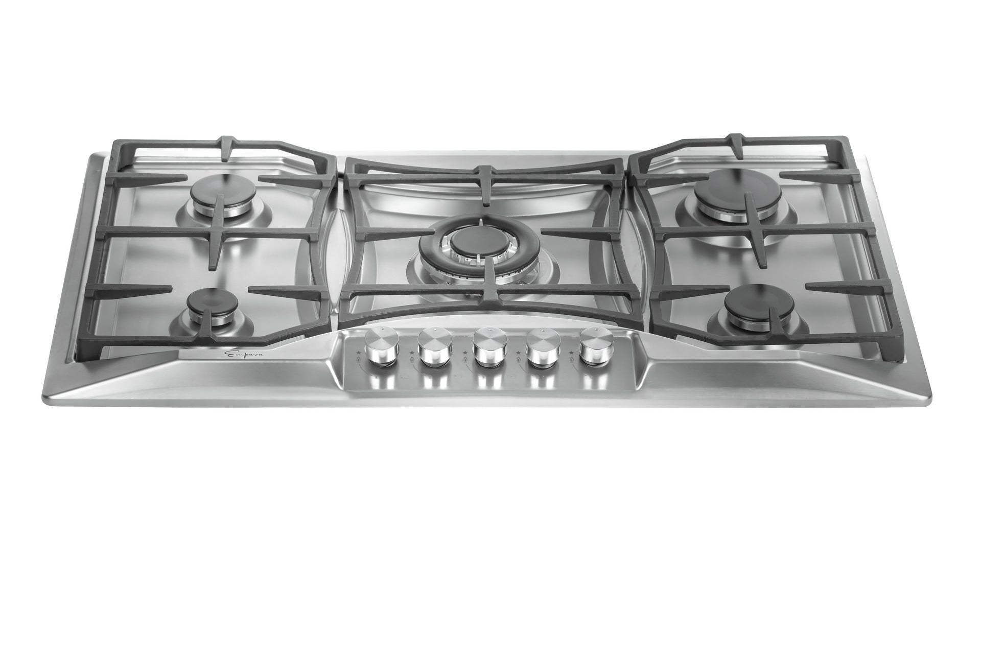 The Empava 36 in. Built-in Gas Cooktops feature a stainless steel design with five burners for versatile cooking options, compatible with both LPG and NG energy sources. The central burner, highlighted by its distinctive tri-ring configuration, provides exceptional BTU power. Five horizontally aligned control knobs at the center front ensure easy access and precise cooking control.