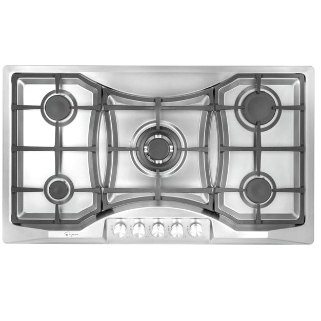 The Empava 36 in. Built-in Gas Cooktops feature a stainless steel construction with 5 burners, including a powerful central burner surrounded by sturdy metal grates. Below the burners, there are five control knobs for adjusting the flame intensity. Its sleek and modern design offers versatile BTU power for both LPG and NG energy sources.